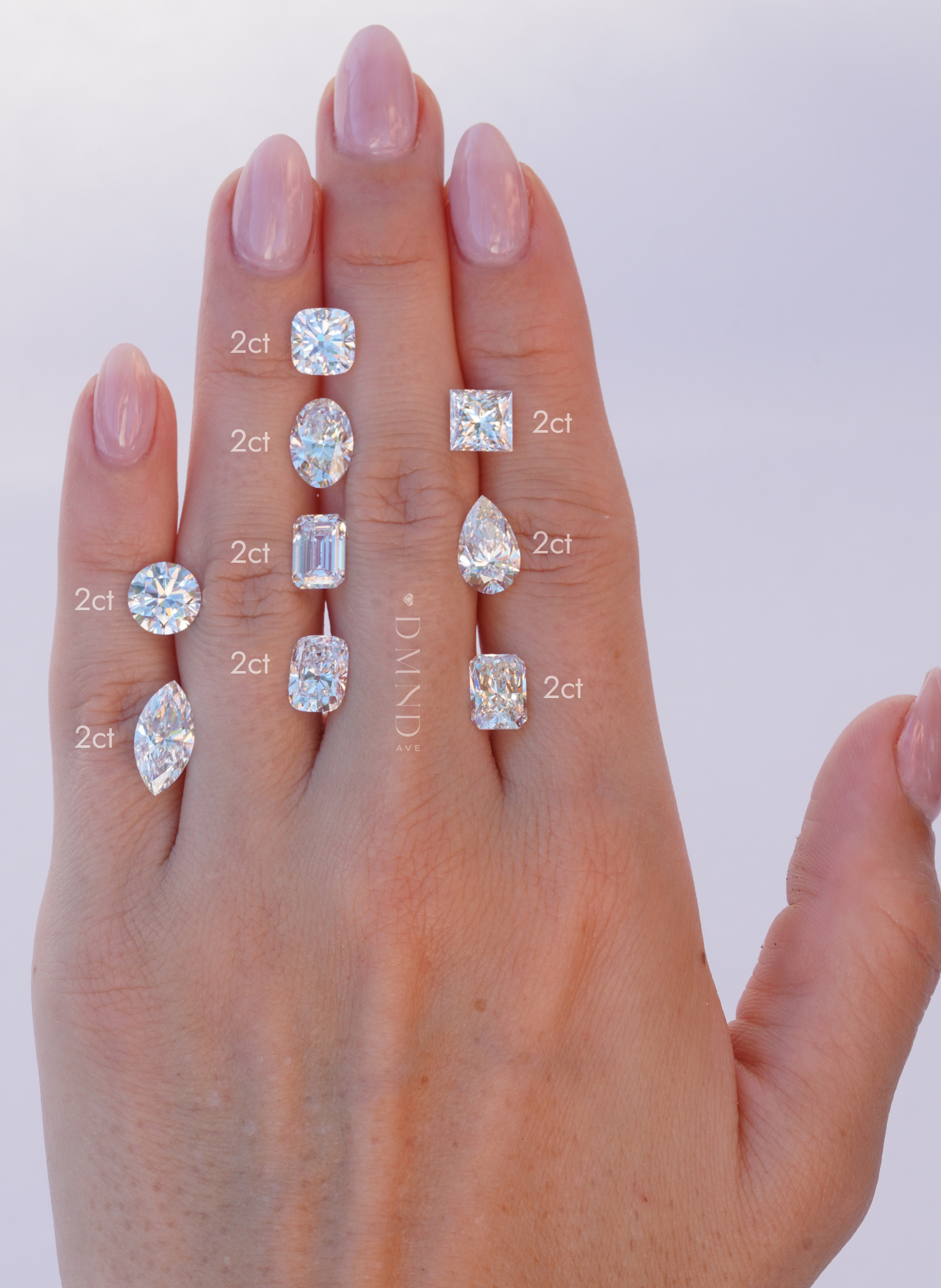 Ten diamond shapes, all 2 carats, on a hand for size comparison