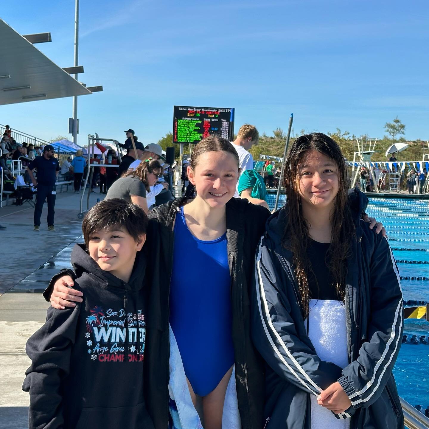 Day 1 at the San Diego Imperial Winter Age Group Champs with Dylan, Madison and Taylor! 
Let&rsquo;s go, Gator Girls! 
#NeverSettle