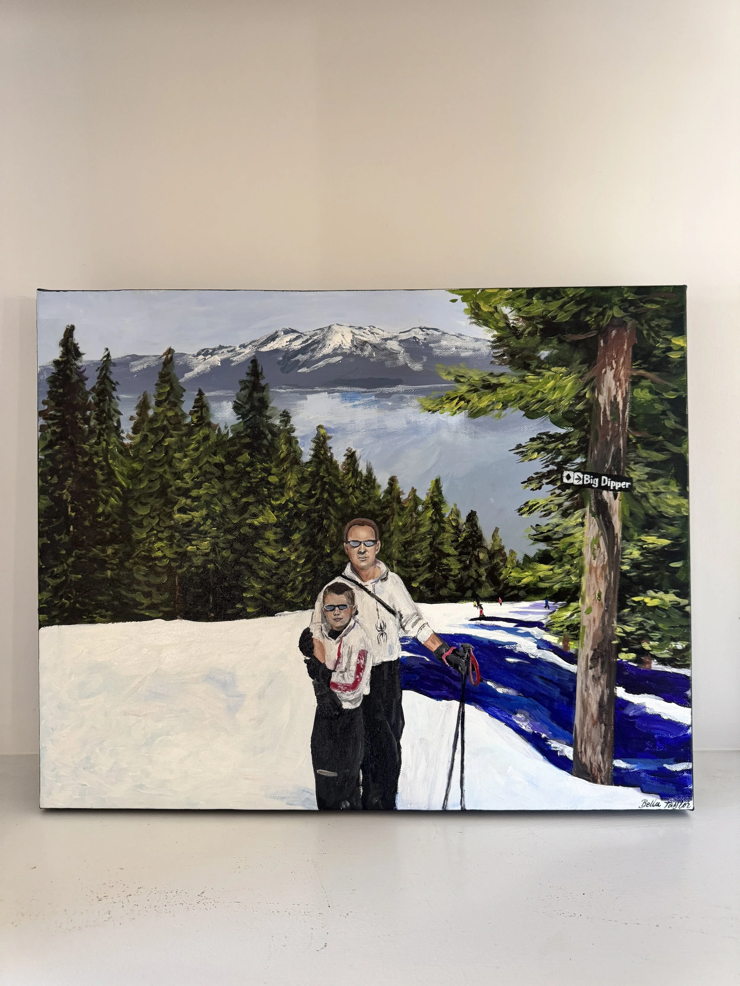 A painting of a winter scene showing a man and a child standing on snow with a mountain, lake, green trees, and a bright sky in the background. The man is holding a ski pole and wearing sunglasses.