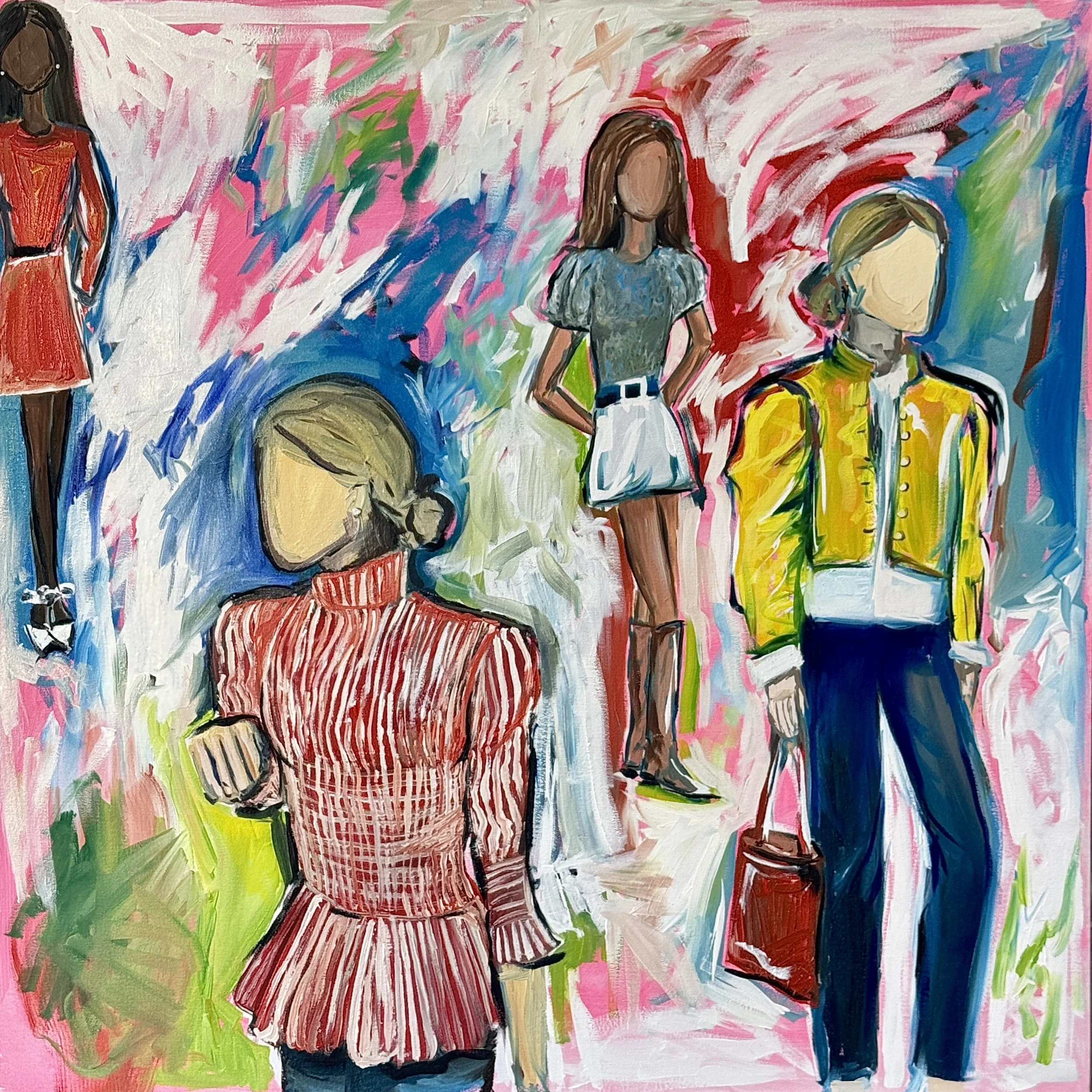 Abstract painting of four women in colorful outfits with vibrant background