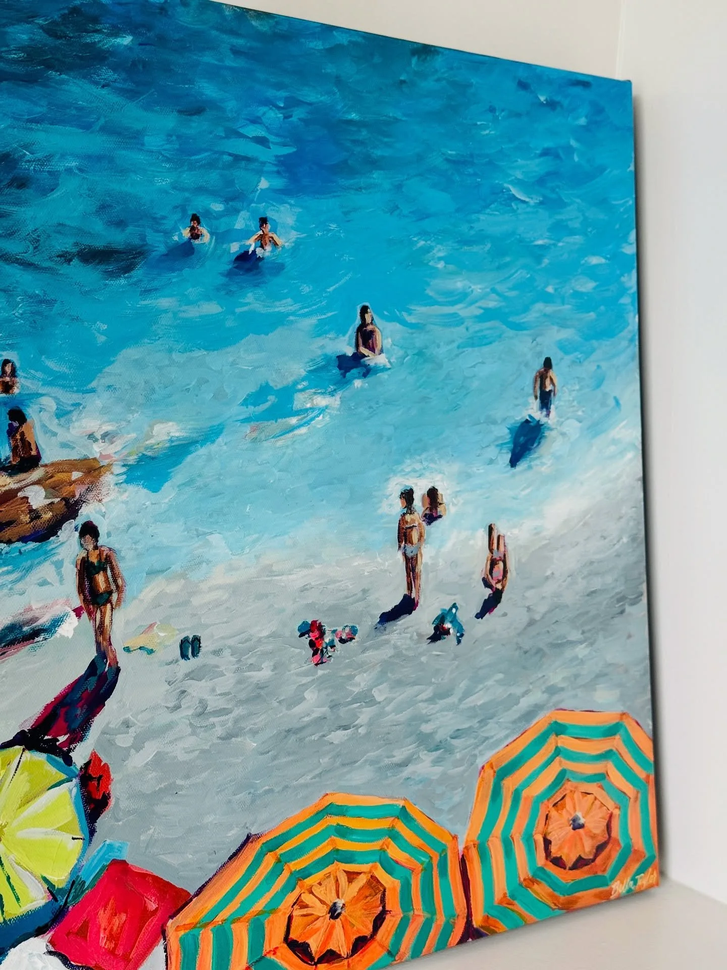 starting to settle into my style of painting and I&rsquo;m realllly, realllly having fun with it🫶🏼 This painting was based on a setting of a European beach &mdash; crowded, rocky, and lively. I love painting these little beach scenes, so you&rsquo;