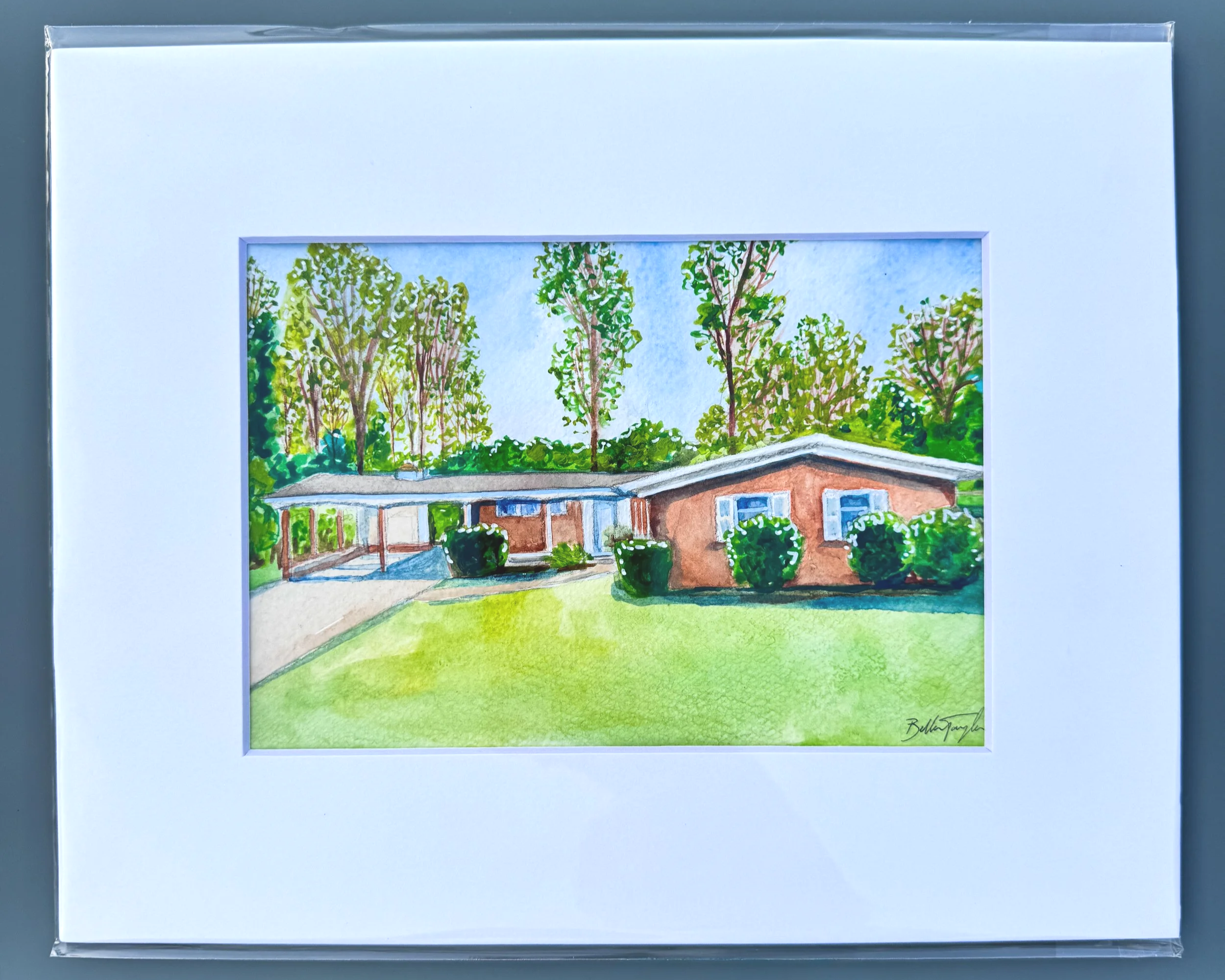Colorful watercolor painting of a suburban house with a well-manicured lawn, trees in the background, and a clear blue sky.