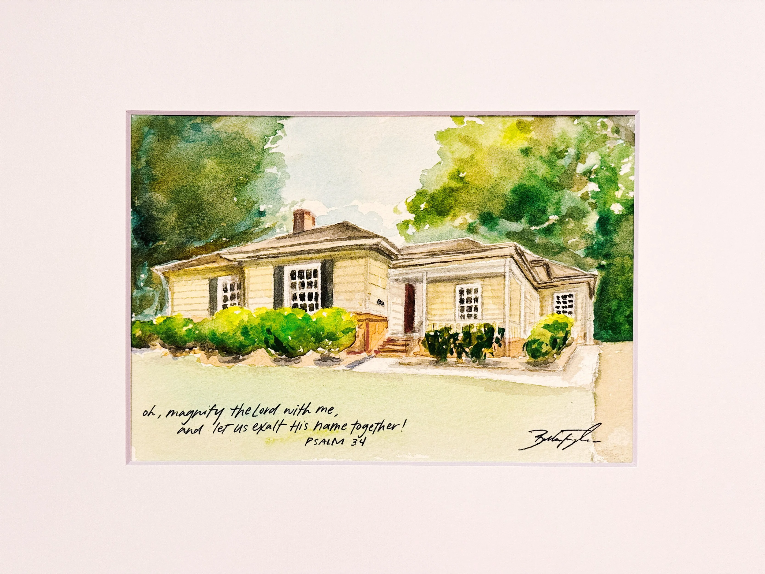 Watercolor painting of a house surrounded by green trees with a Psalm 34 verse written below.