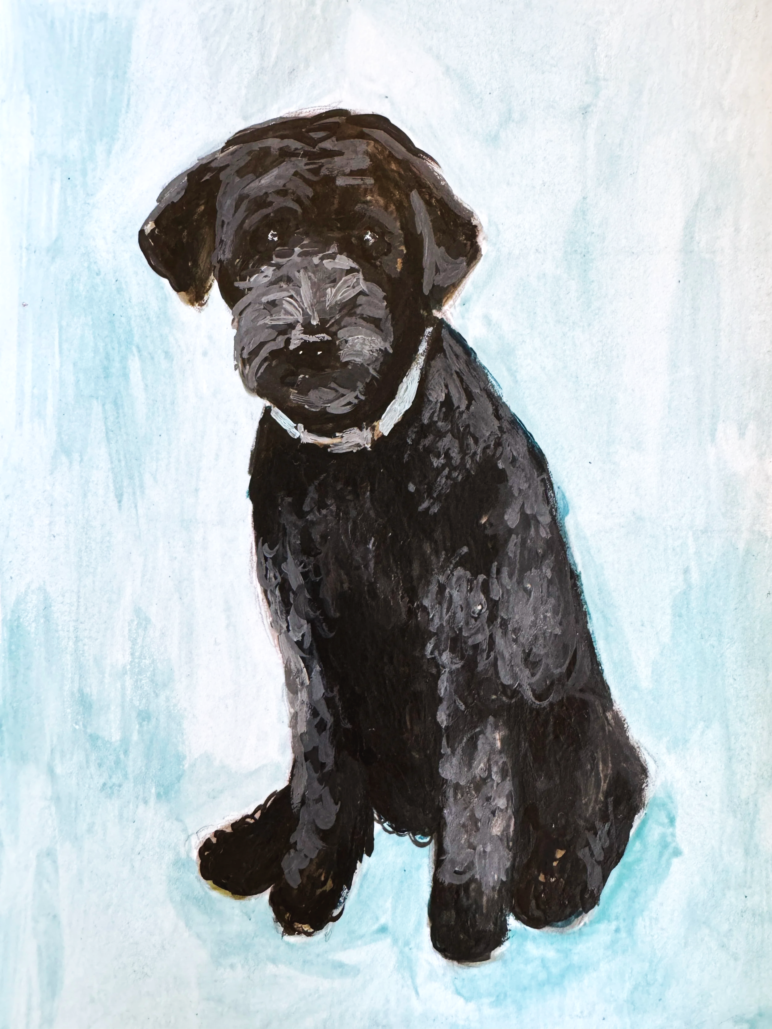 A painted portrait of a black dog with a white collar, sitting against a light blue background.