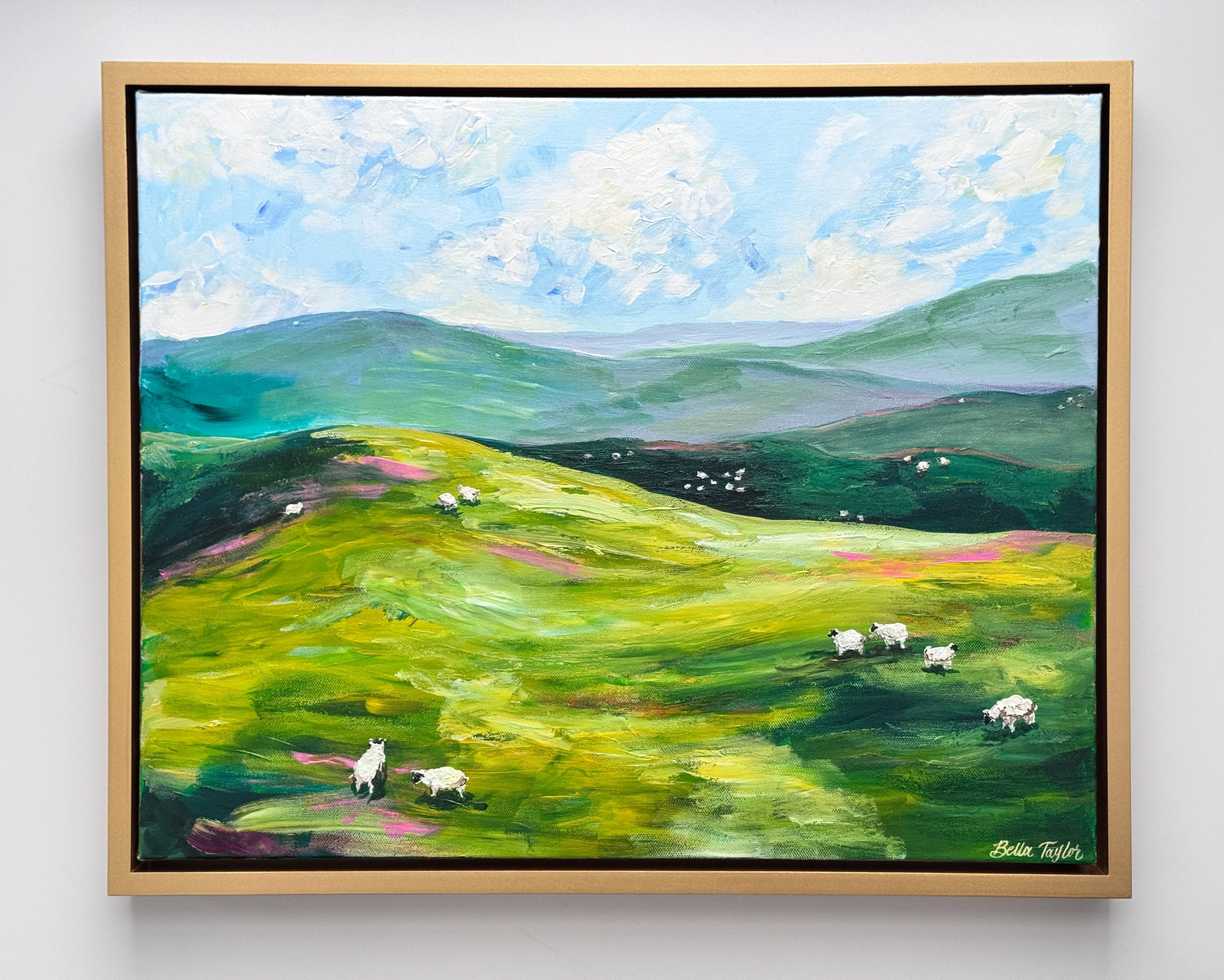 A landscape painting of rolling green hills with a few white sheep, under a partly cloudy blue sky.
