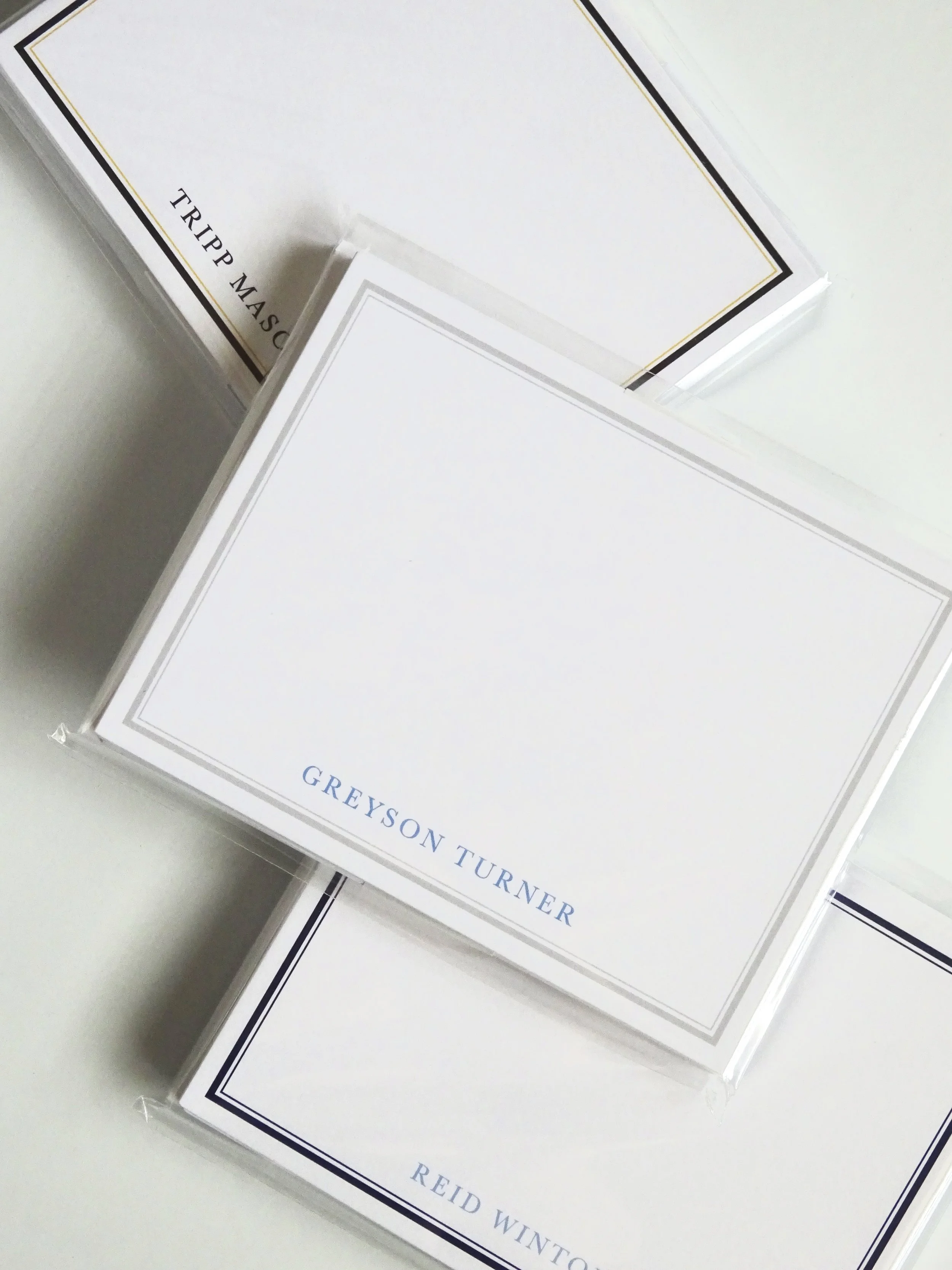 Close-up of boys' stationery sets. 
