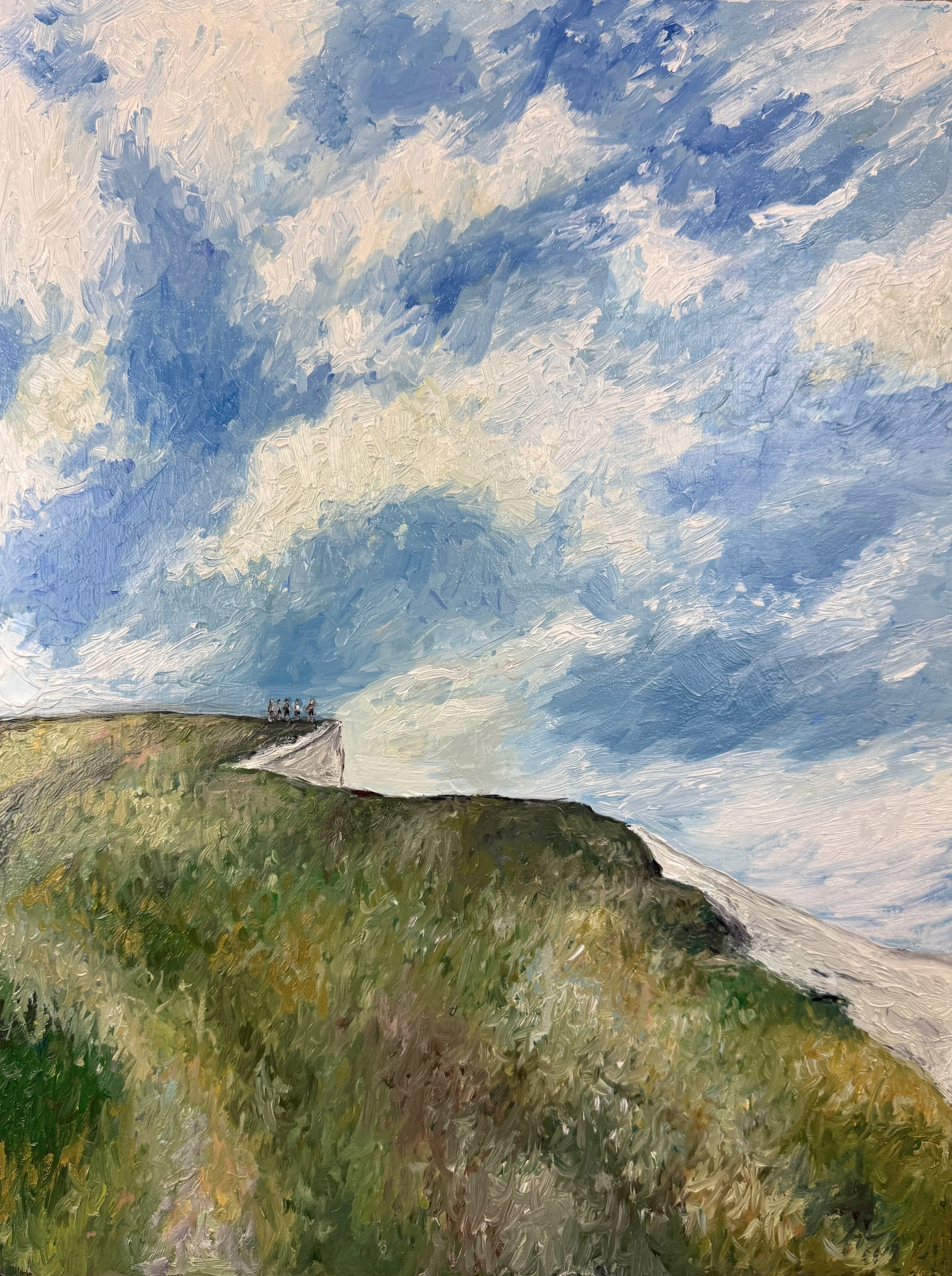 A landscape painting depicting a grassy hill with a group of people standing at the edge, under a vast sky with swirling clouds.
