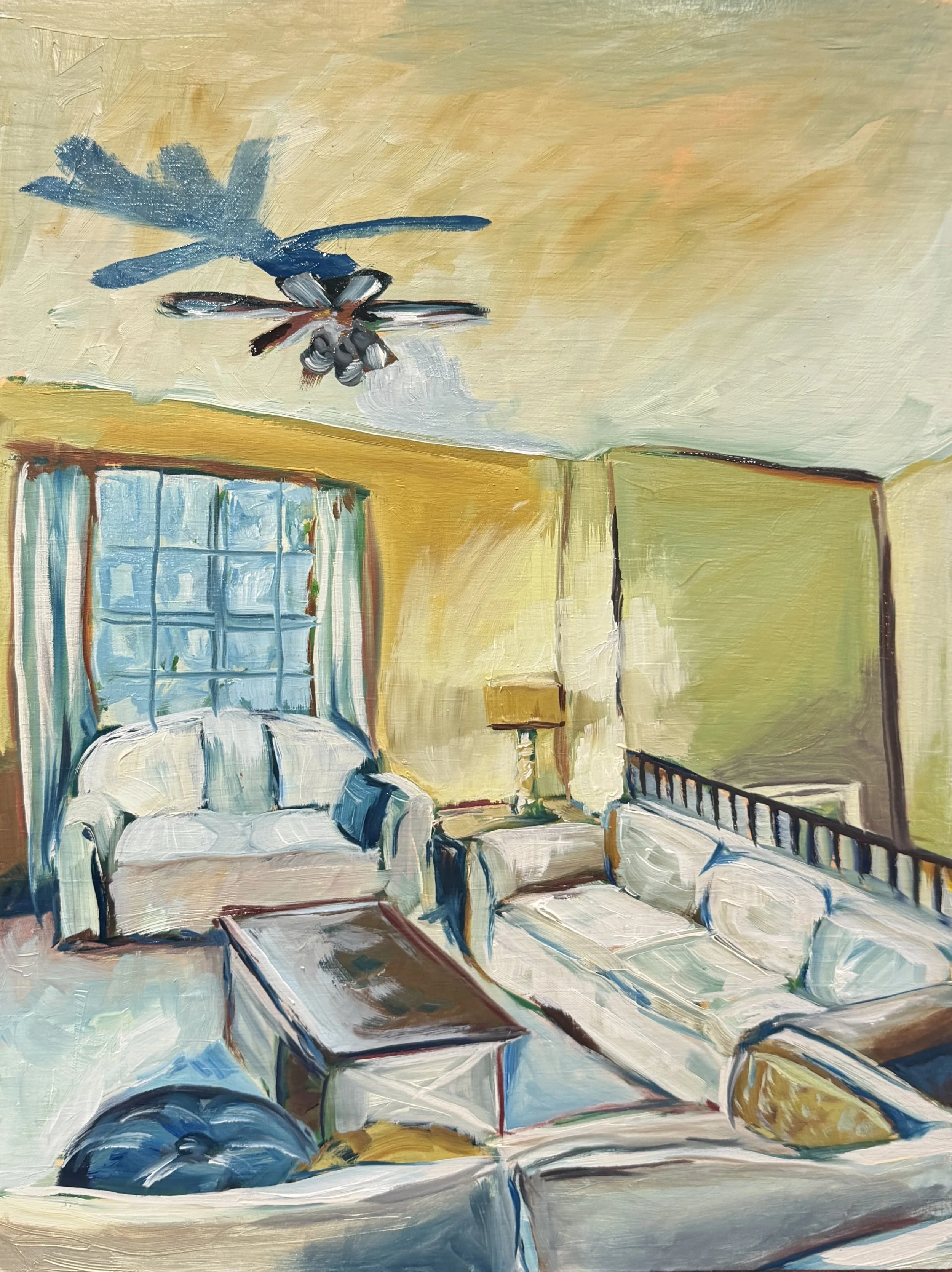 Oil painting of an interior room with a bed, a window with curtains, a bedside table, a recliner, and a large dragonfly flying near the ceiling.