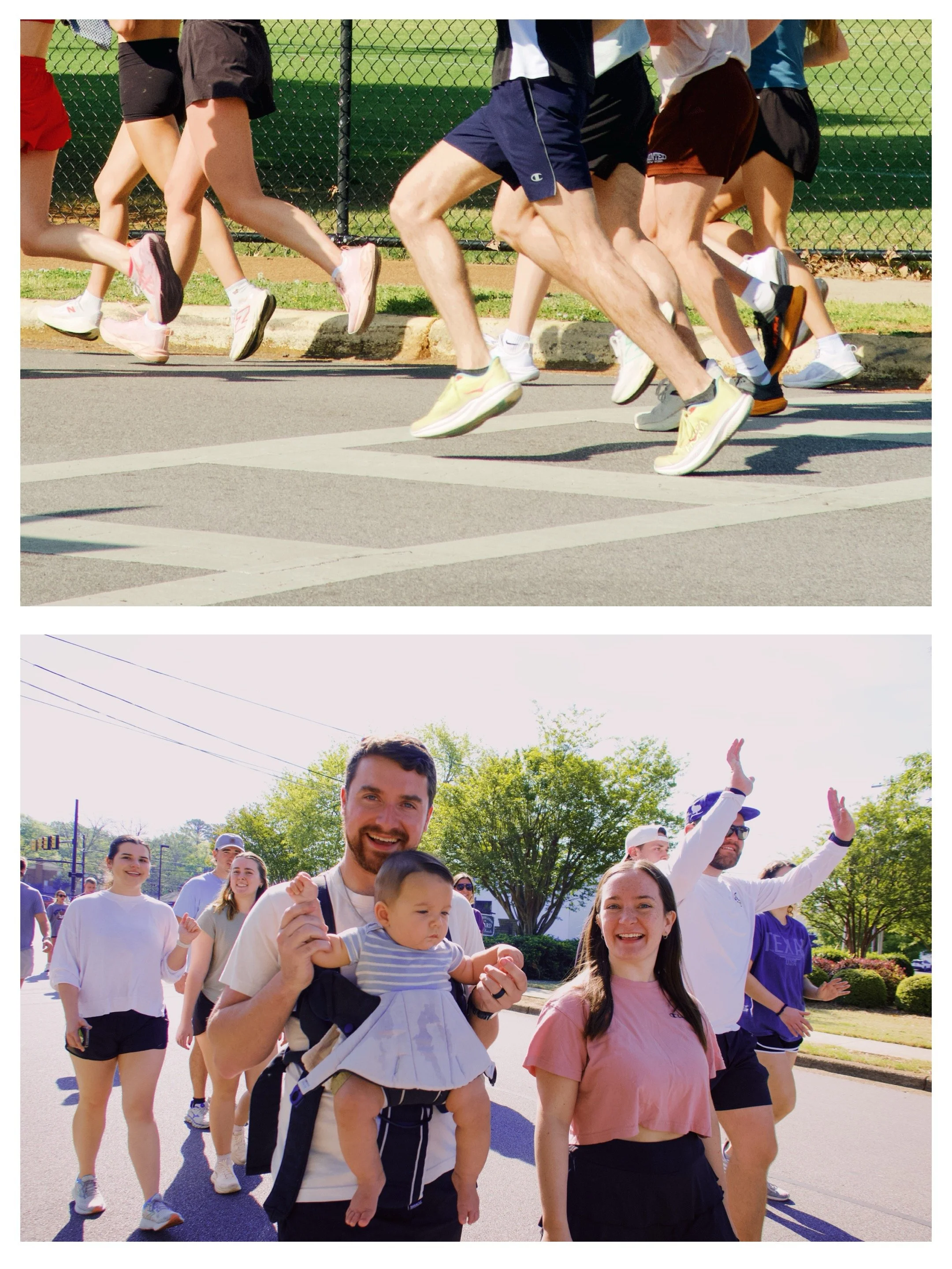 Group of people walking outdoors on a sunny day, smiling and enjoying a saturday morning run club. Children and adults are present, with some wearing casual athletic clothing.