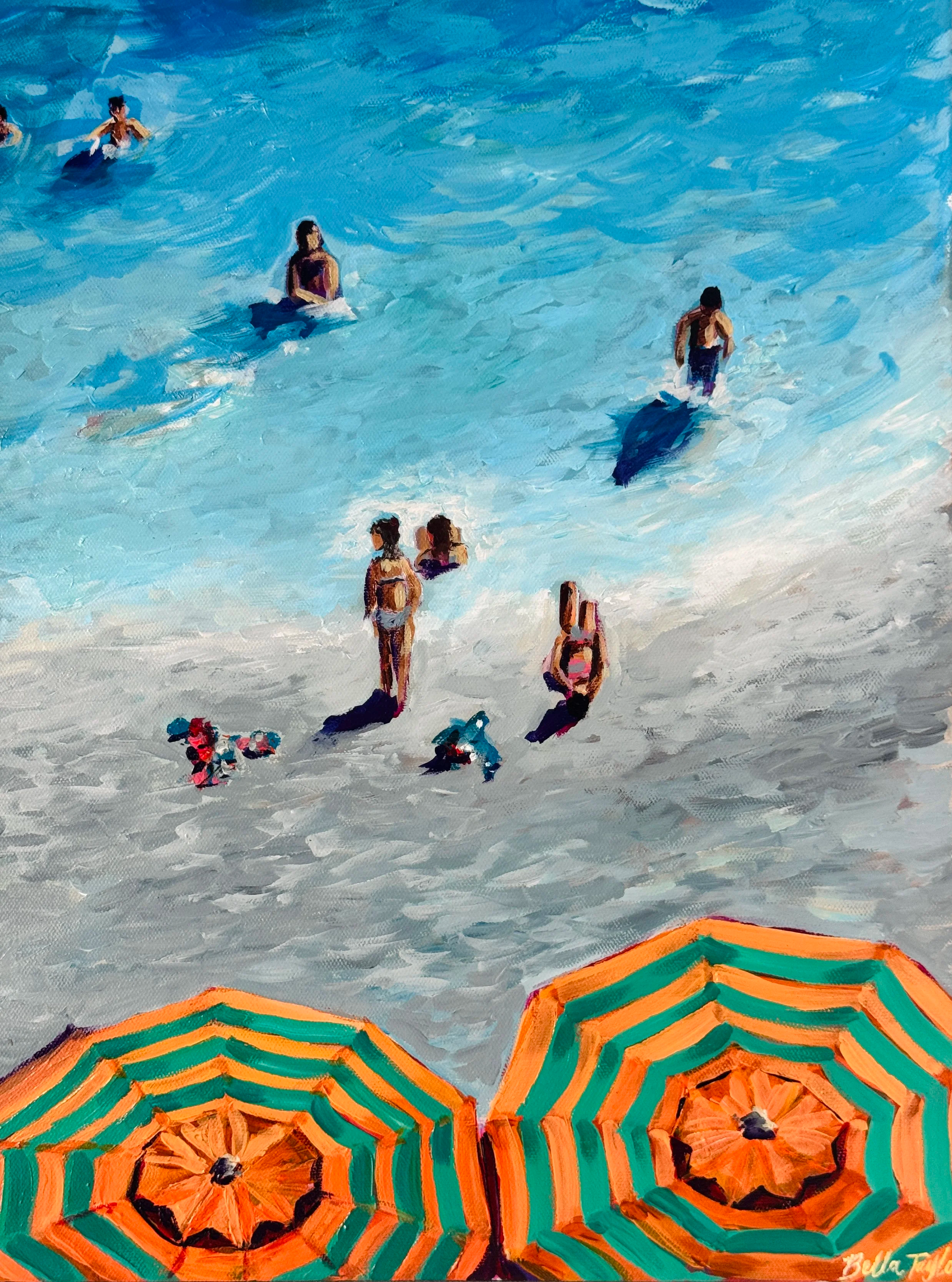 Painting by Bella Taylor of a beach scene with people in the water and two orange and teal umbrellas in the foreground.