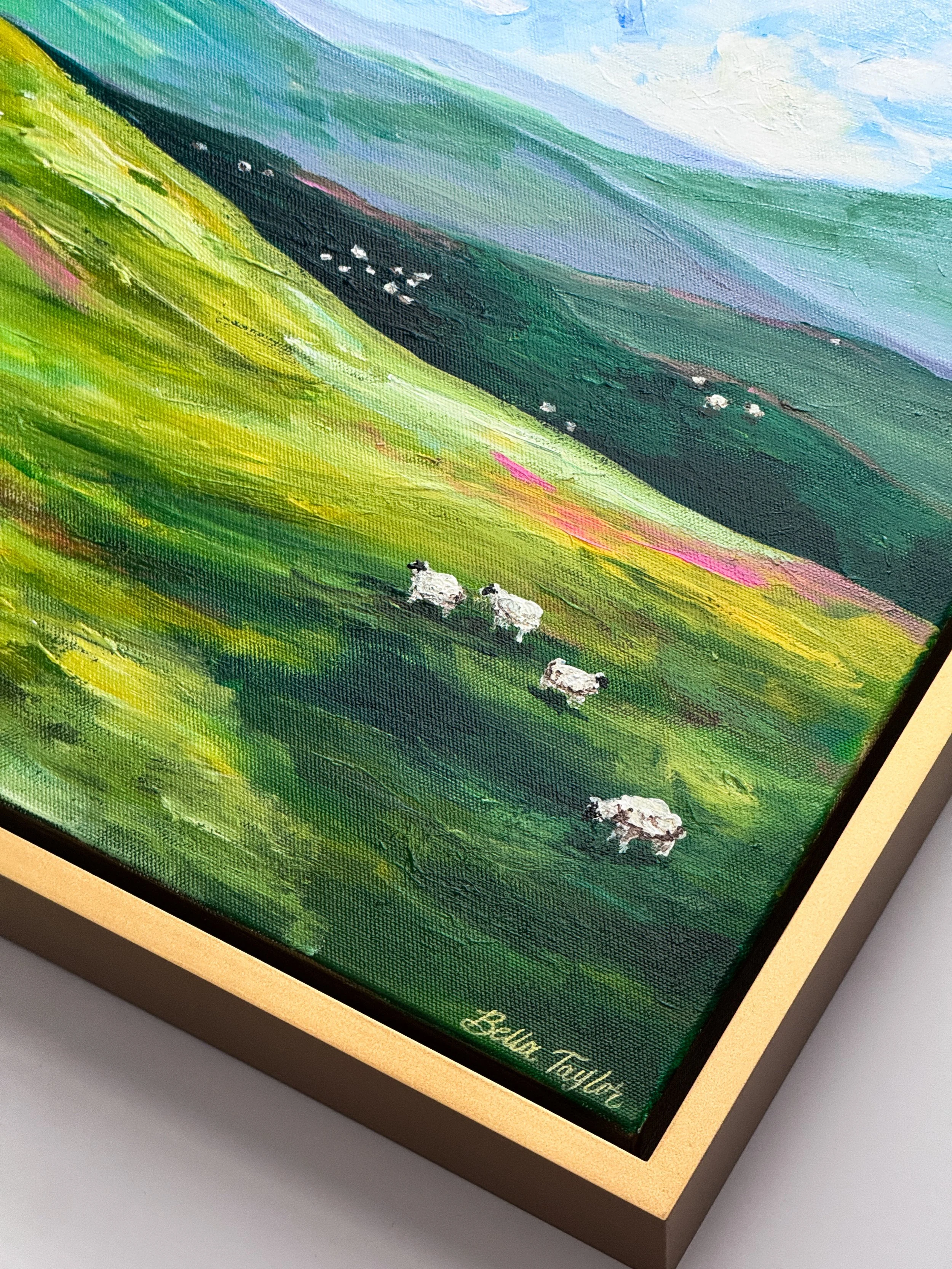 Close-up of a colorful painting on a textured canvas, depicting rolling green hills and a blue sky, with small white sheep and the signature 'Bella Taylor' at the bottom edge.