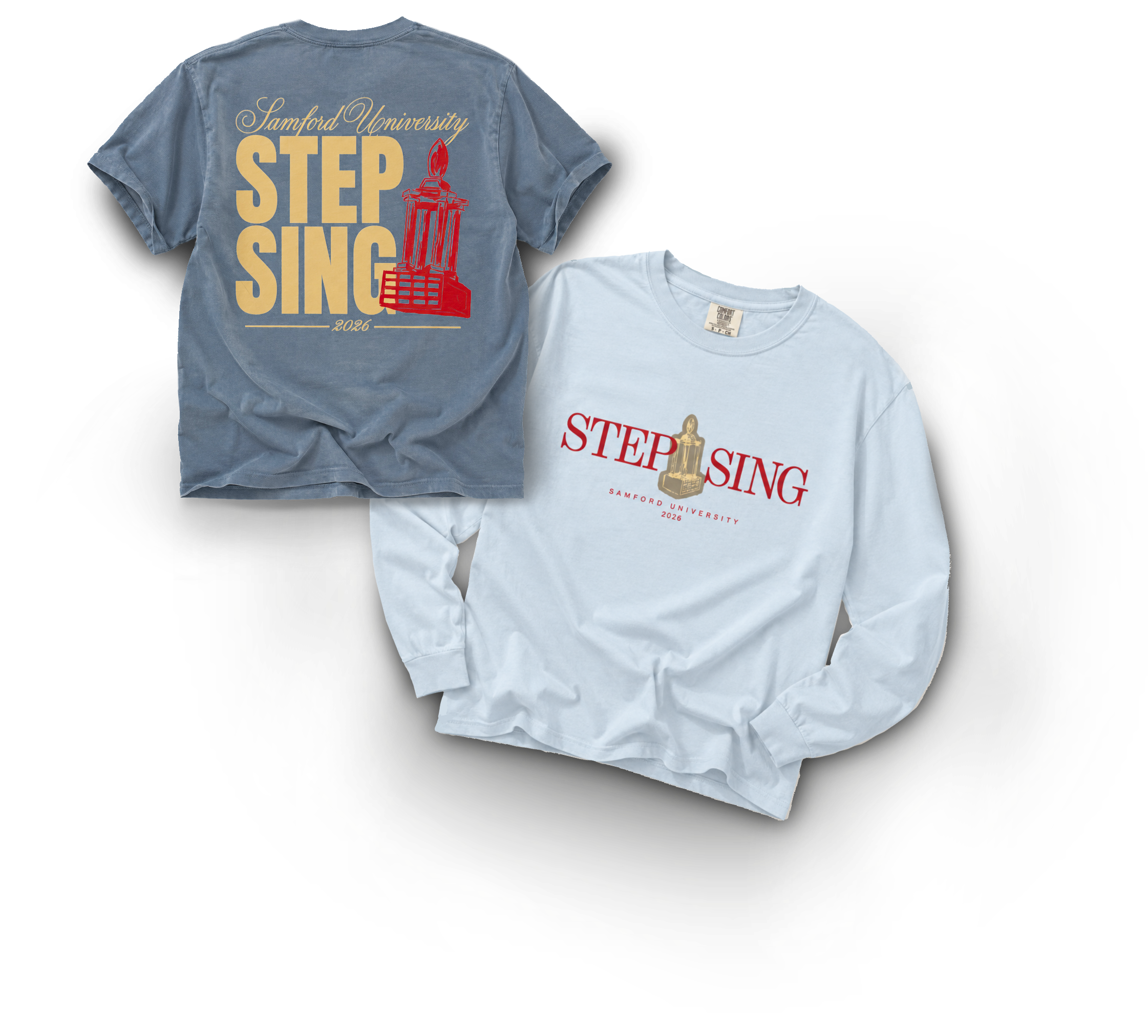 A blue T-shirt with the words 'Samford University' and '2026' written on it, along with an image of the Sweepstakes Trophy. A white T-shirt with the words 'STEP SING' and a golden trophy illustration, also referencing Samford University.