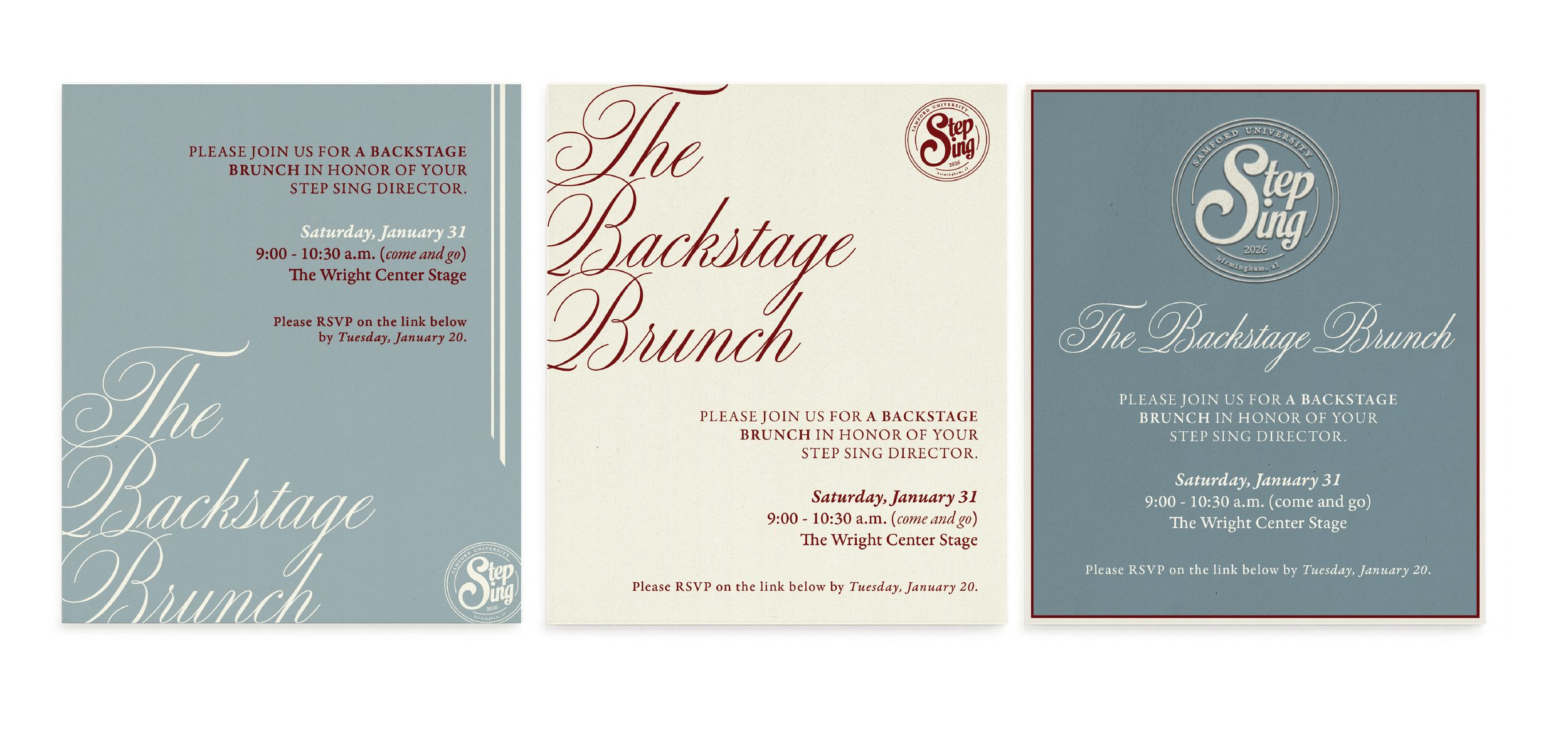 Invitation cards for 'The Backstage Brunch' event, featuring event details, date, time, and RSVP instructions, with a logo for Step Sing 2026.