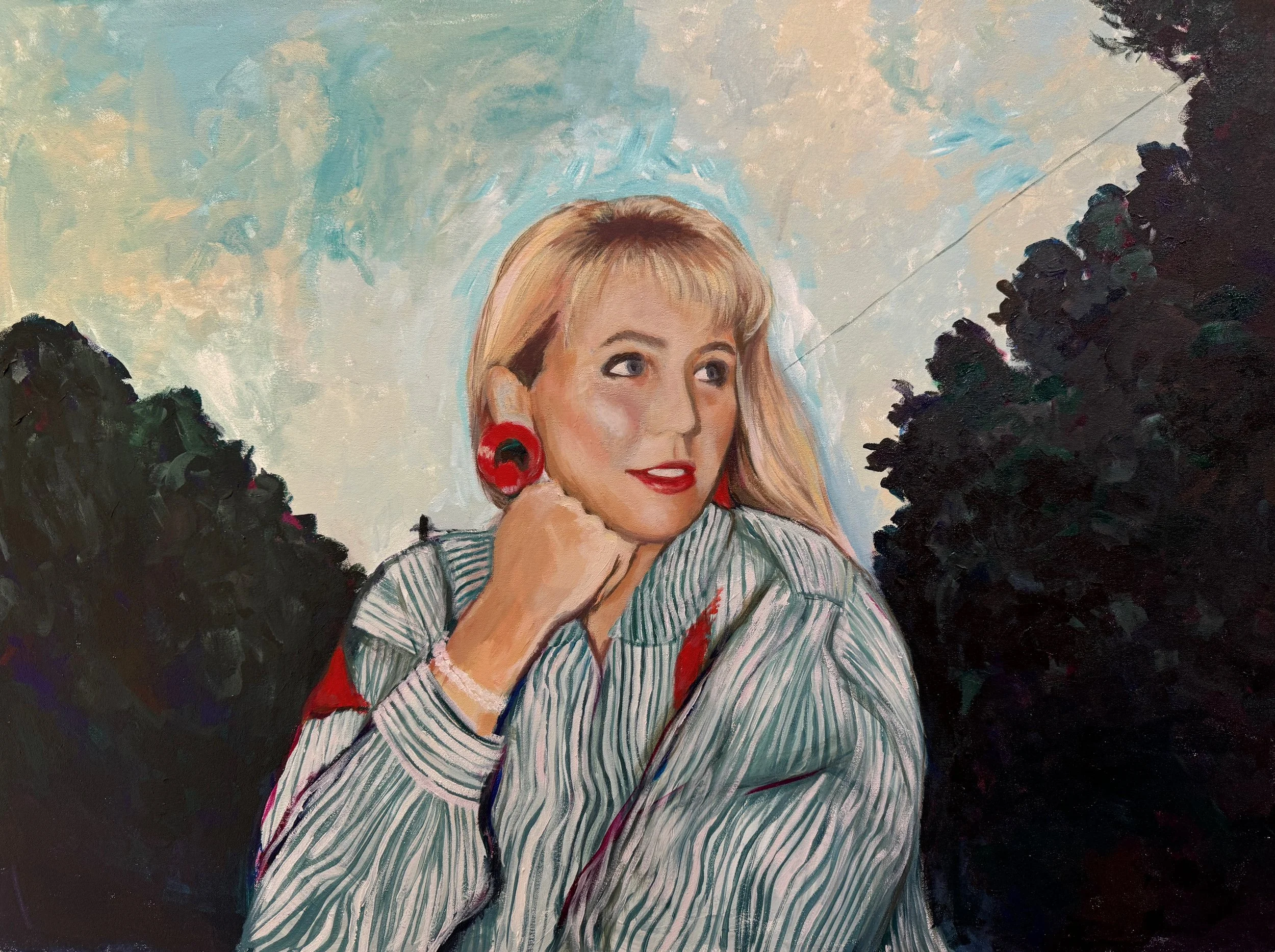 A portrait of a young woman with blonde hair, red earrings, and a striped shirt, resting her chin on her hand. She has an expression of thoughtfulness and is surrounded by a background of trees and a painted sky.