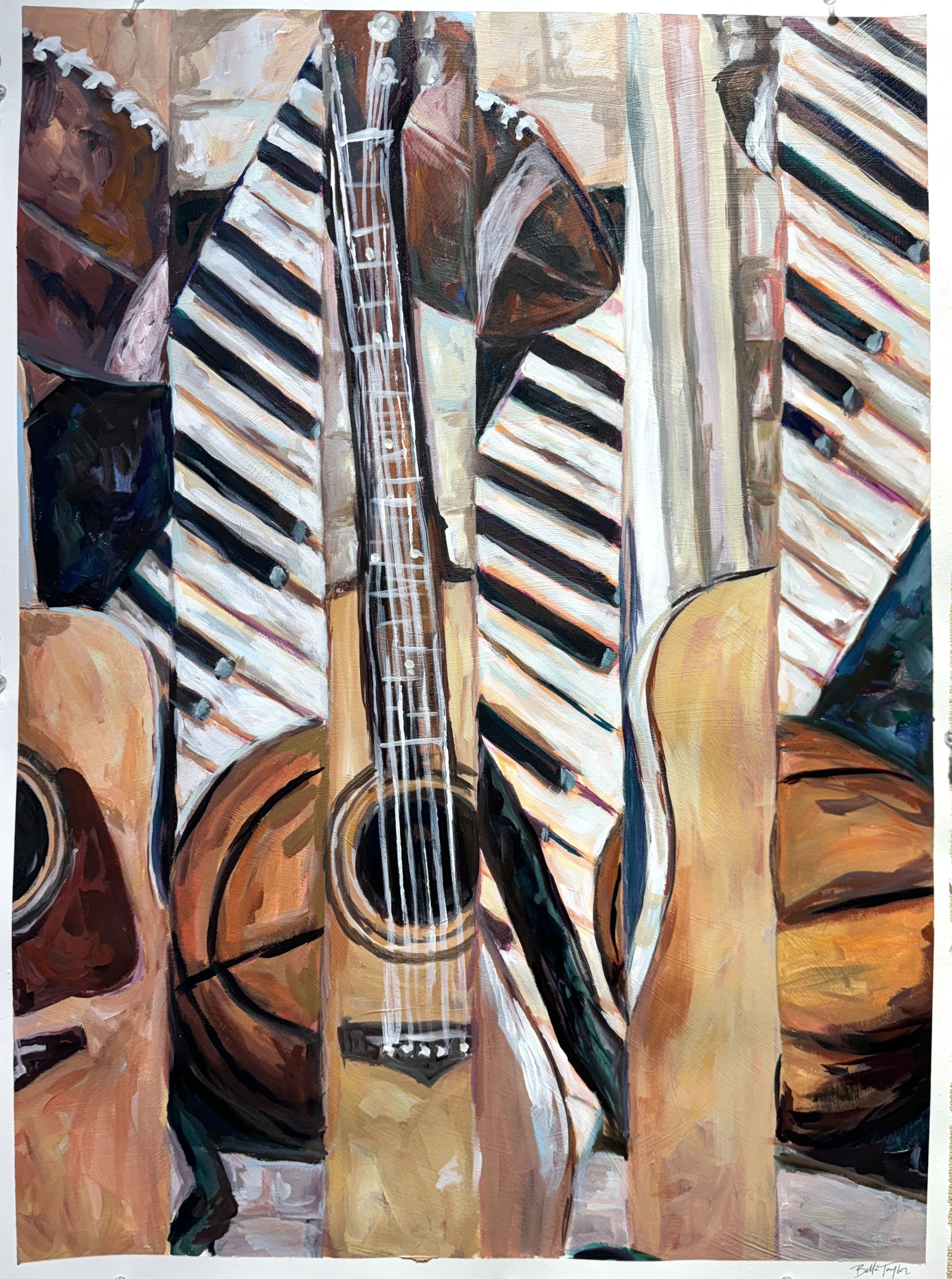 Painting of a man playing an acoustic guitar, stylized with bold brushstrokes and warm colors, including browns, oranges, and creams.