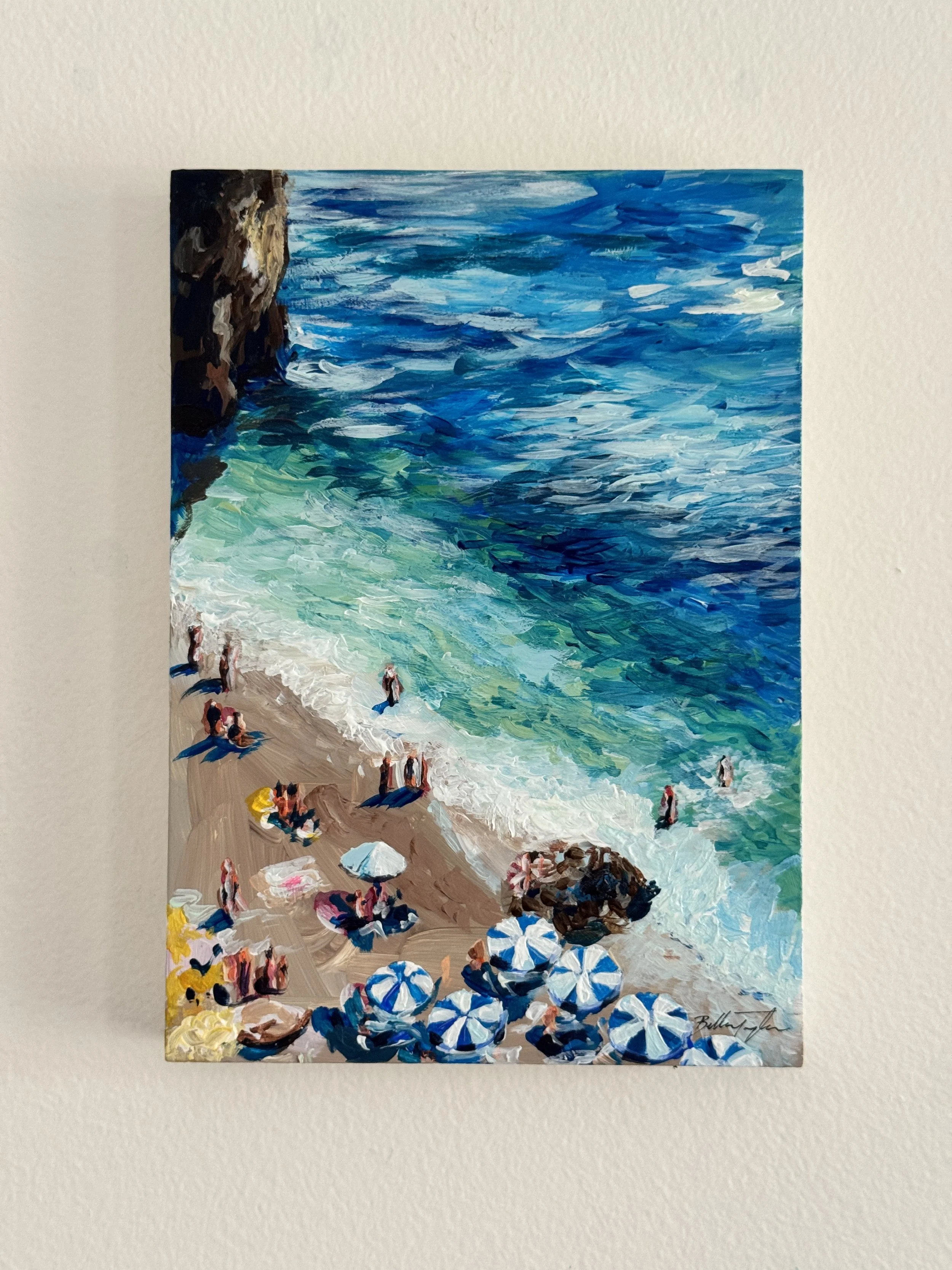 A colorful impressionist painting of a beach scene with people, umbrellas, and ocean waves.