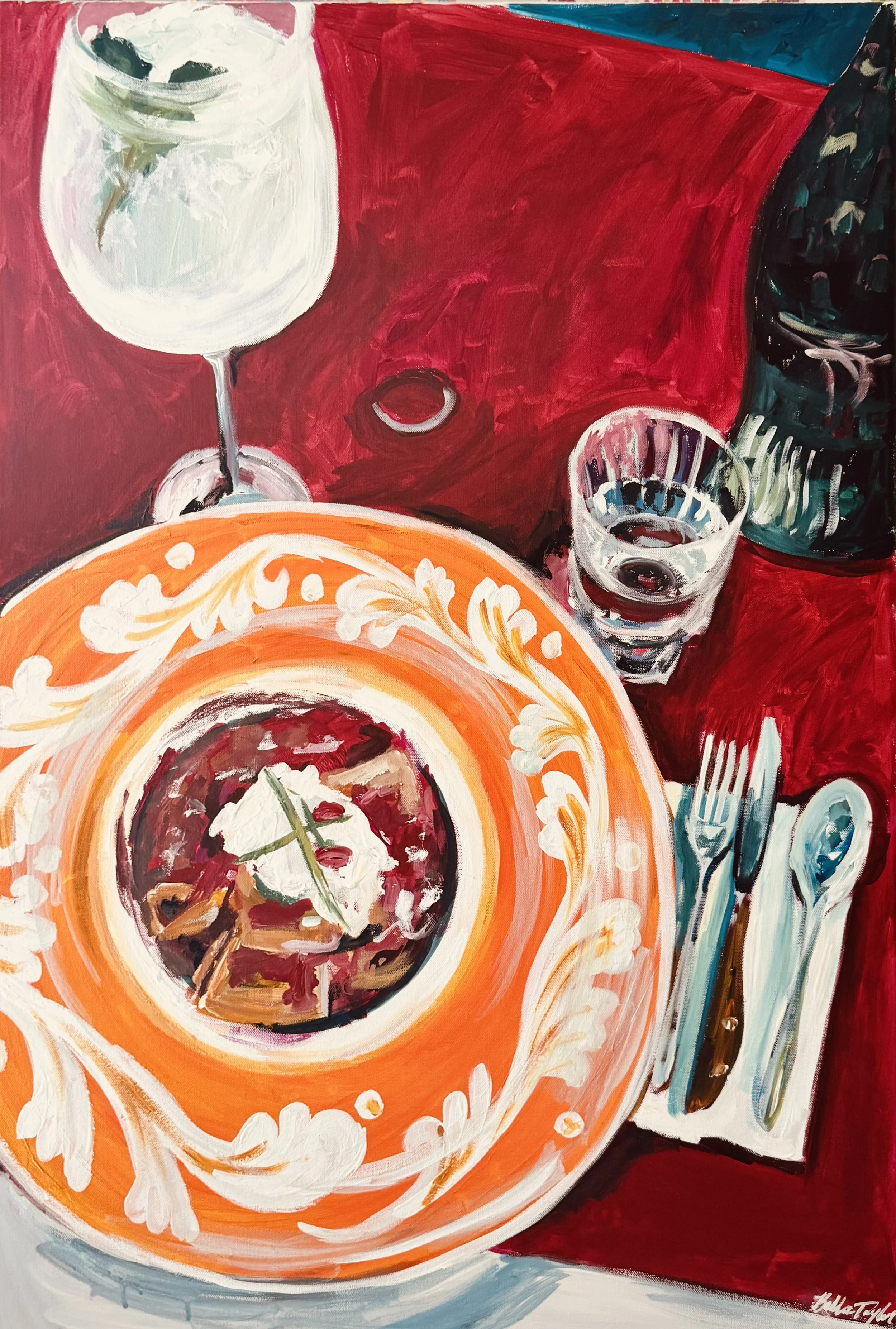 A still life painting of a wine glass, a small glass of dark liquid, a plate of food with a fork, and a vessel, all set on a red tablecloth.