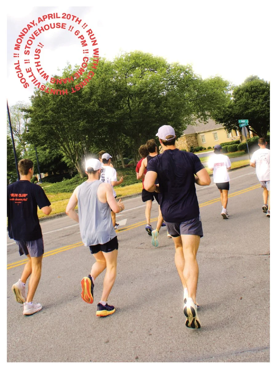 A group of runners participating in a race, running on a suburban street with green trees and houses in the background. The image includes promotional text about a run club event scheduled for April 20th at 6 PM.