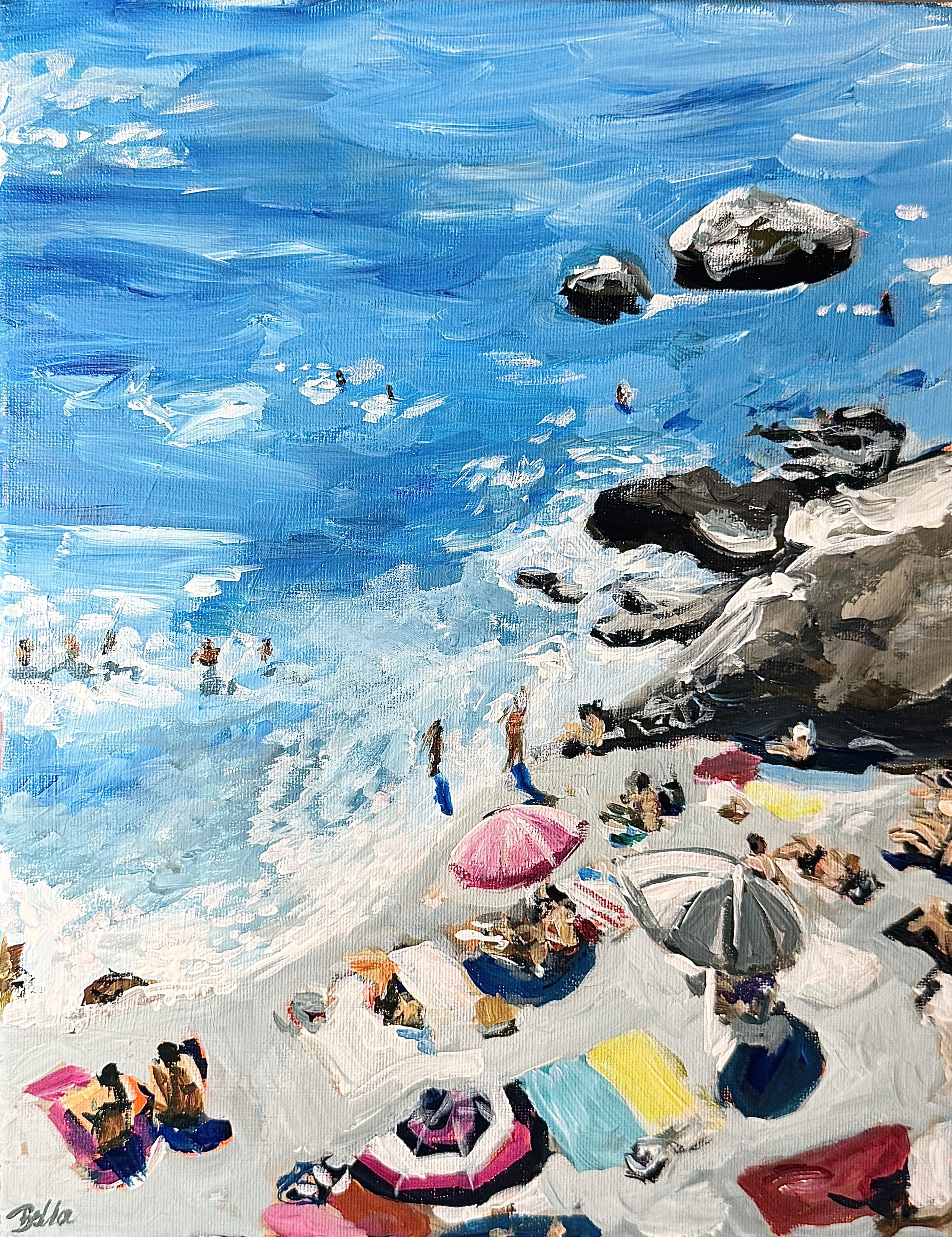 A colorful impressionist painting of a crowded beach scene with umbrellas, people, and rocky shoreline, painted with thick, expressive brushstrokes.