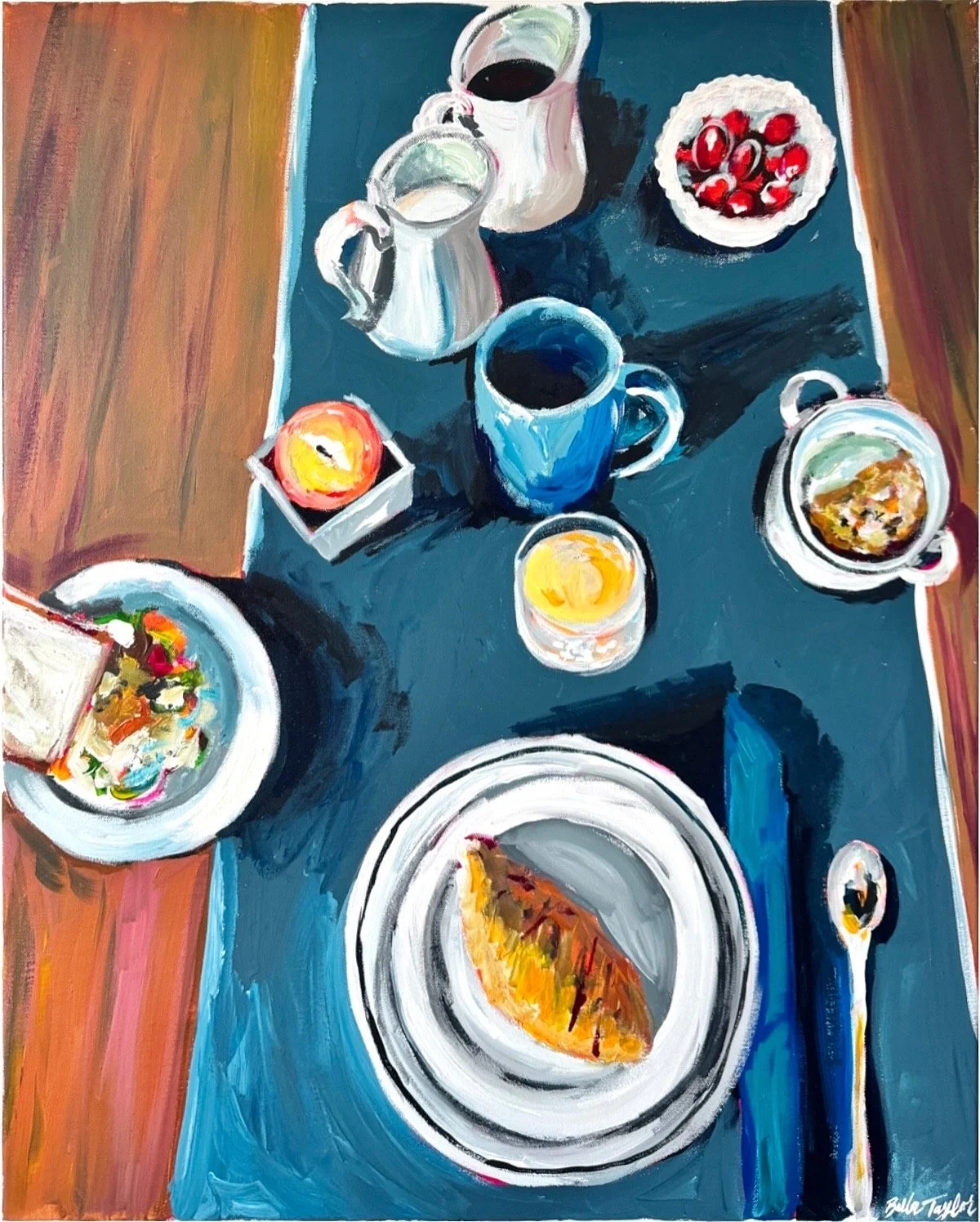 An impressionistic painting of a breakfast table with various foods and drinks. There are two pitchers, two cups of coffee, a bowl of cherries, a small bowl of fruit, a slice of cake, a glass of orange juice, and a spoon. The table has a blue cloth, 