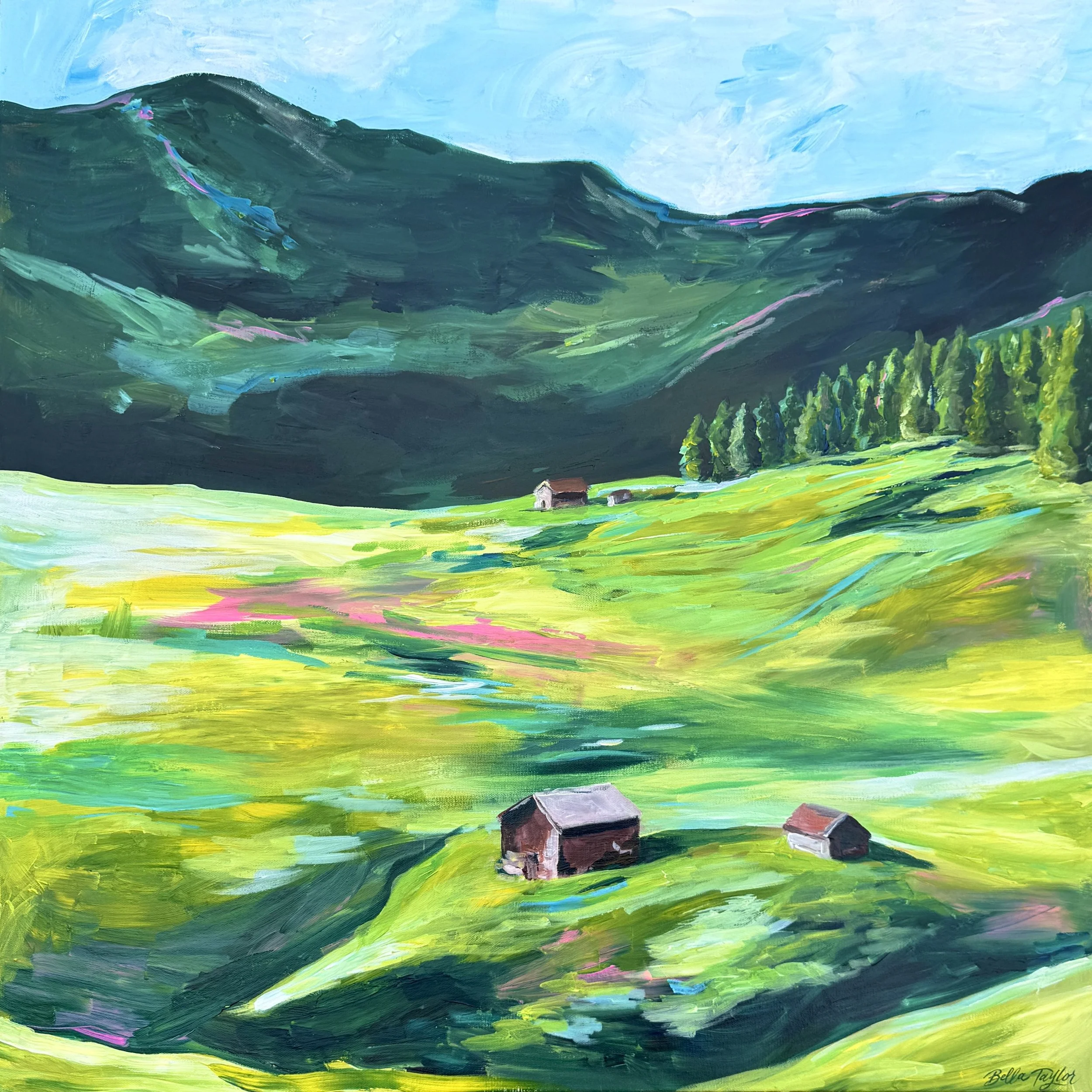 A colorful painting of green rolling hills and mountains with a small house in the foreground, under a blue sky.
