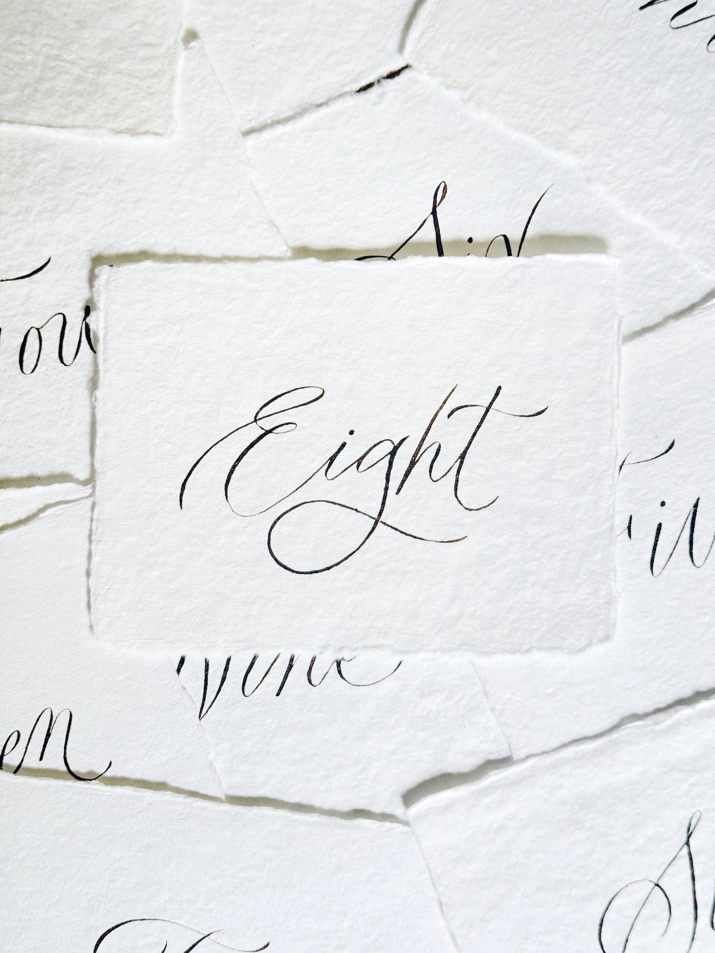 Close-up of torn pieces of white paper with elegant black cursive handwriting.