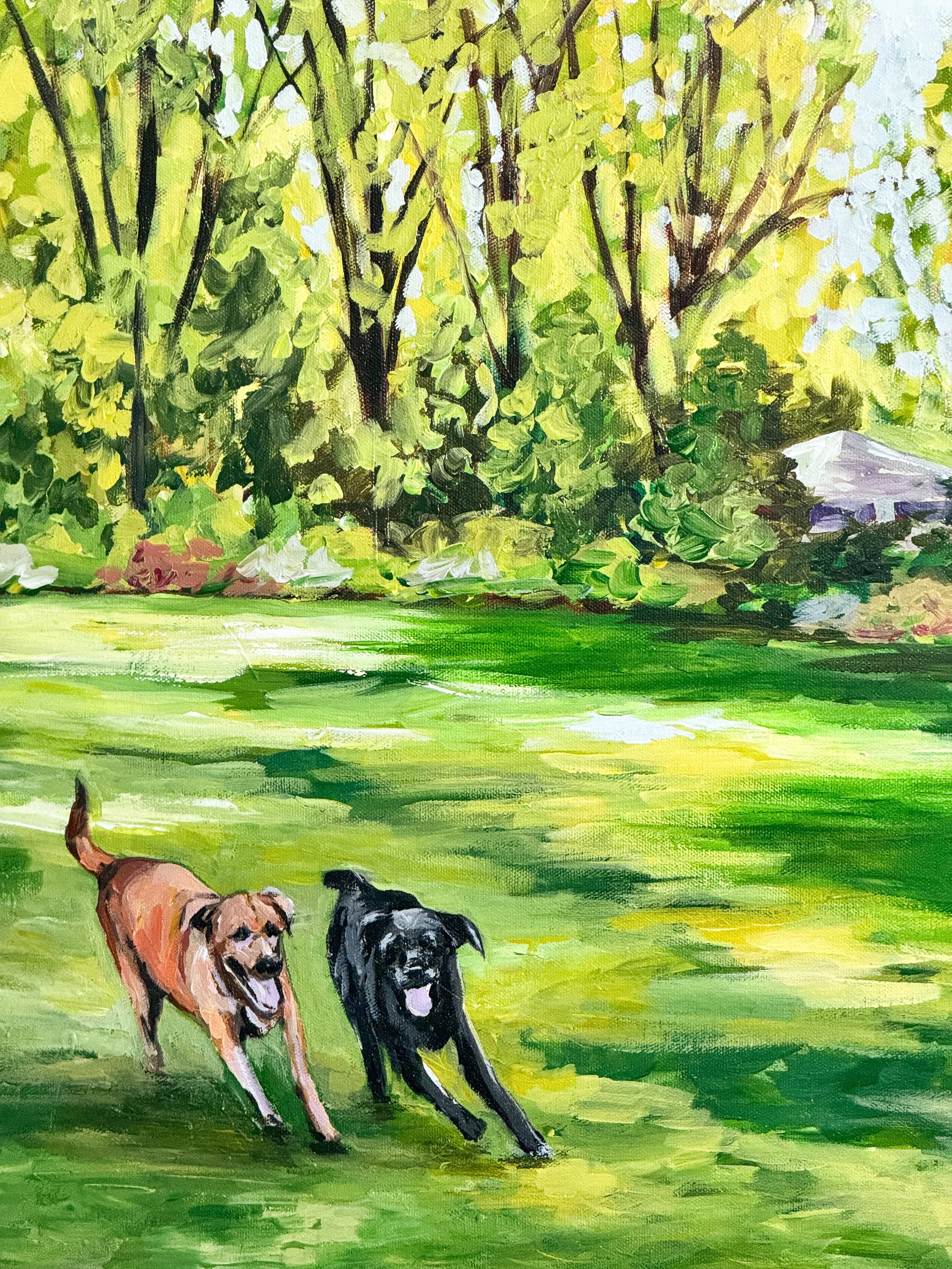 A painting of two dogs running through a lush green park. The background shows trees with bright green leaves, and part of a small wooden structure is visible on the right.