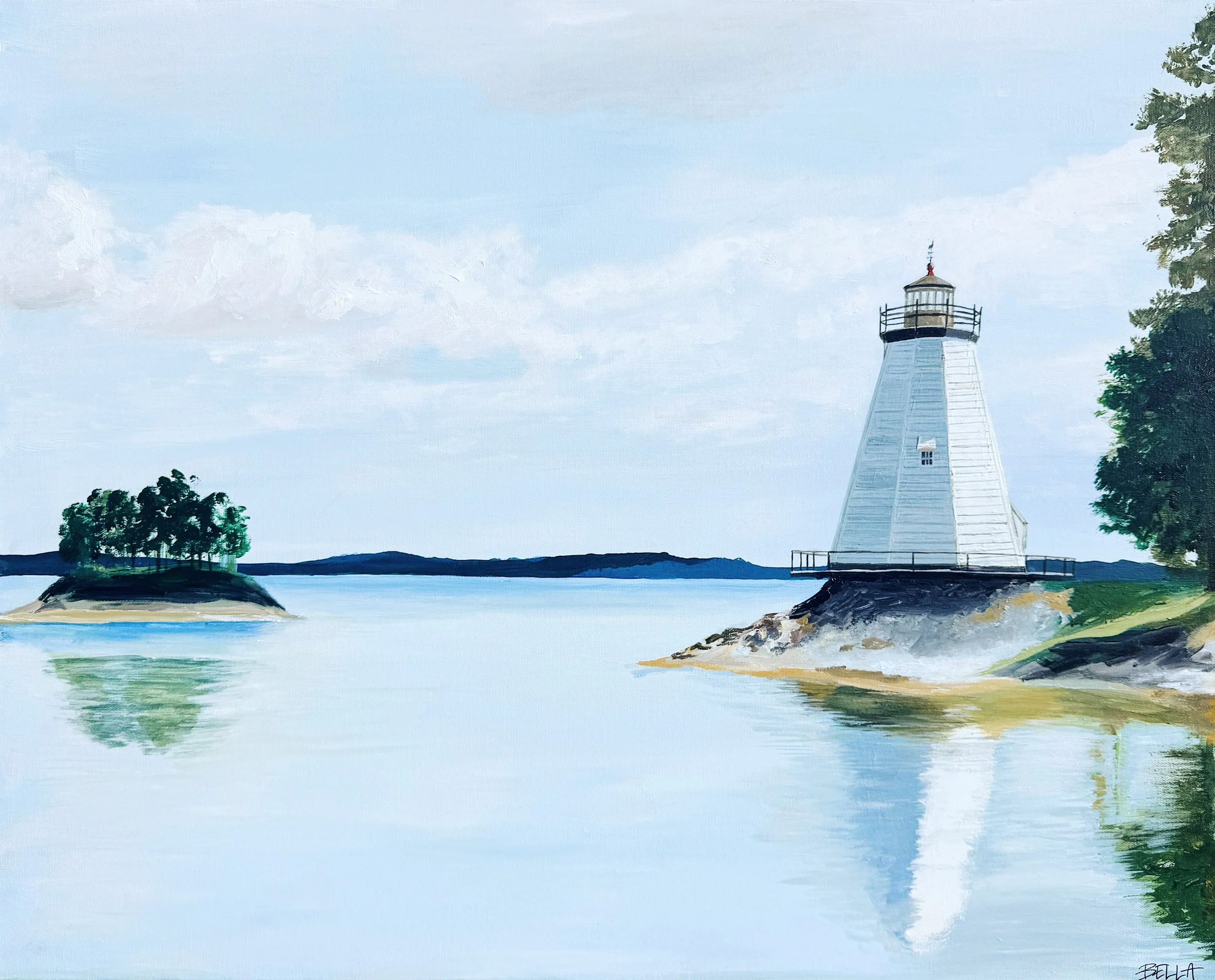 A watercolor painting of a landscape featuring a lighthouse on the right, an island with trees on the left, and a body of water reflecting the sky and land.