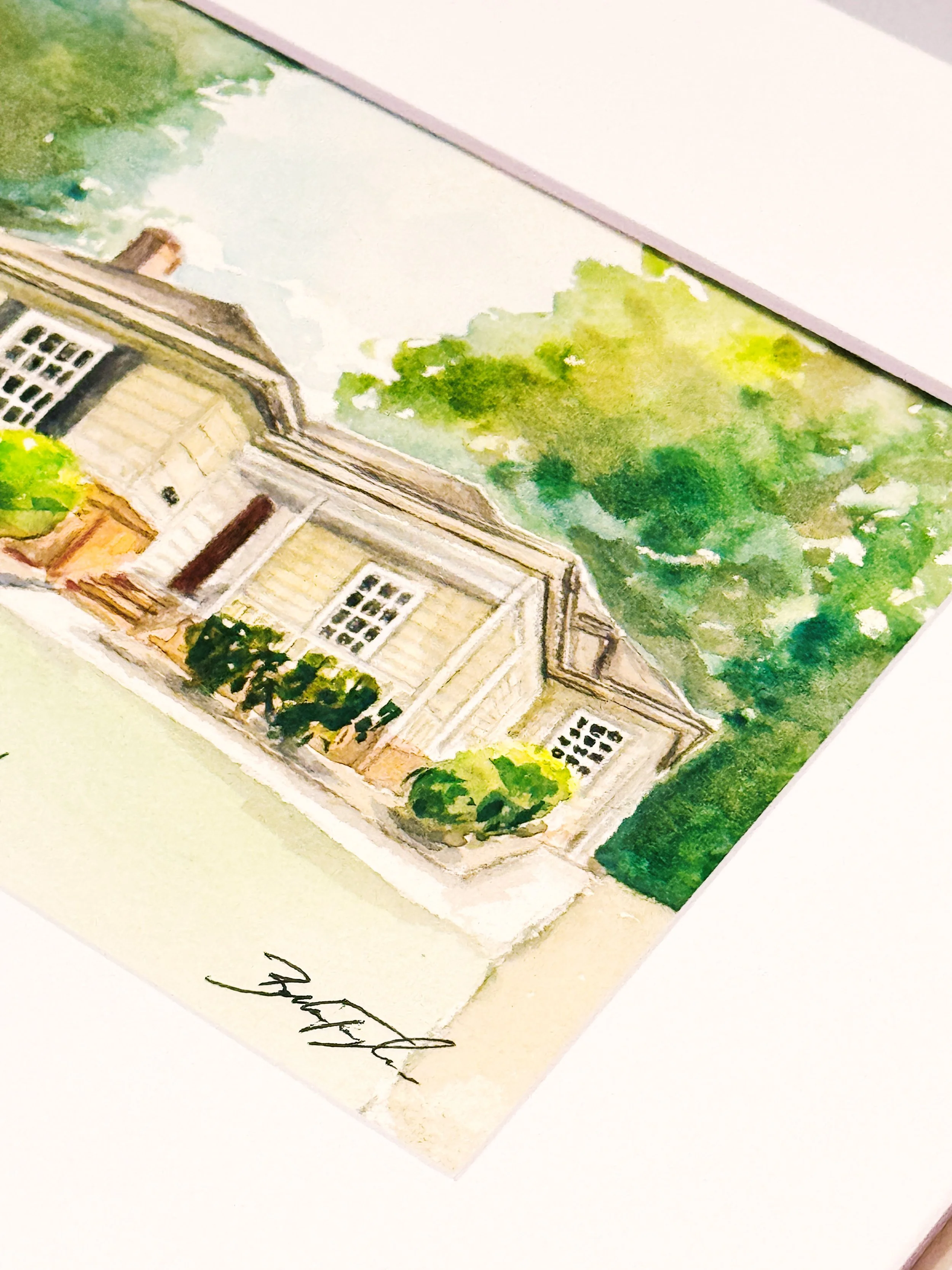 A watercolor painting of a house surrounded by green trees and foliage.