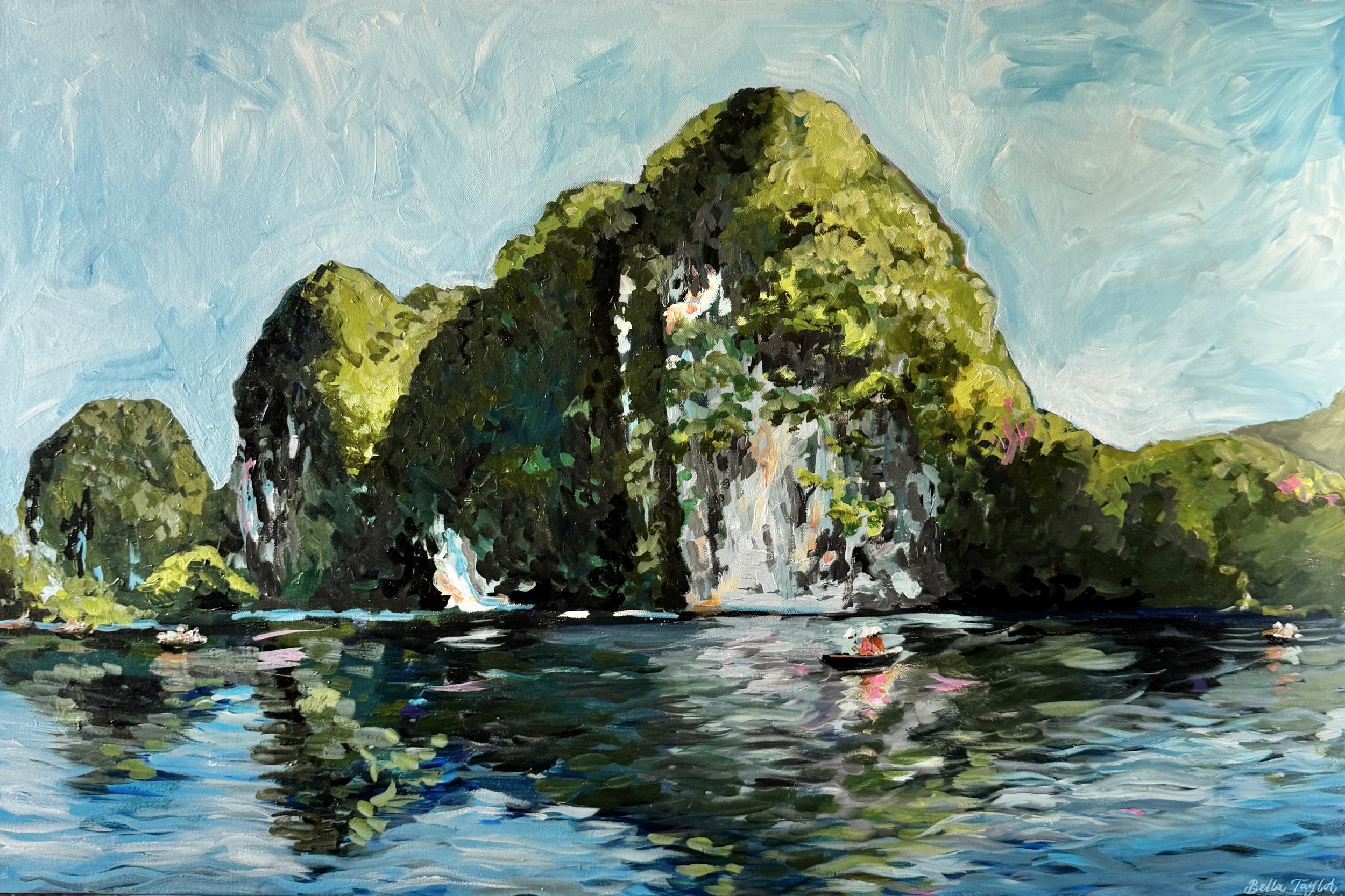 An impressionist painting of a coastal landscape featuring large green cliffs in Vietnam and a body of water in the foreground, with pink flowers on the cliff and a blue sky above.