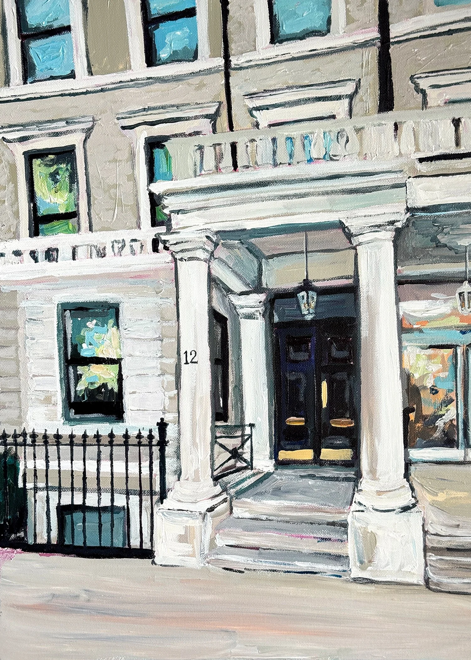 Painting of a city building facade with windows, entrance, and black fence.
