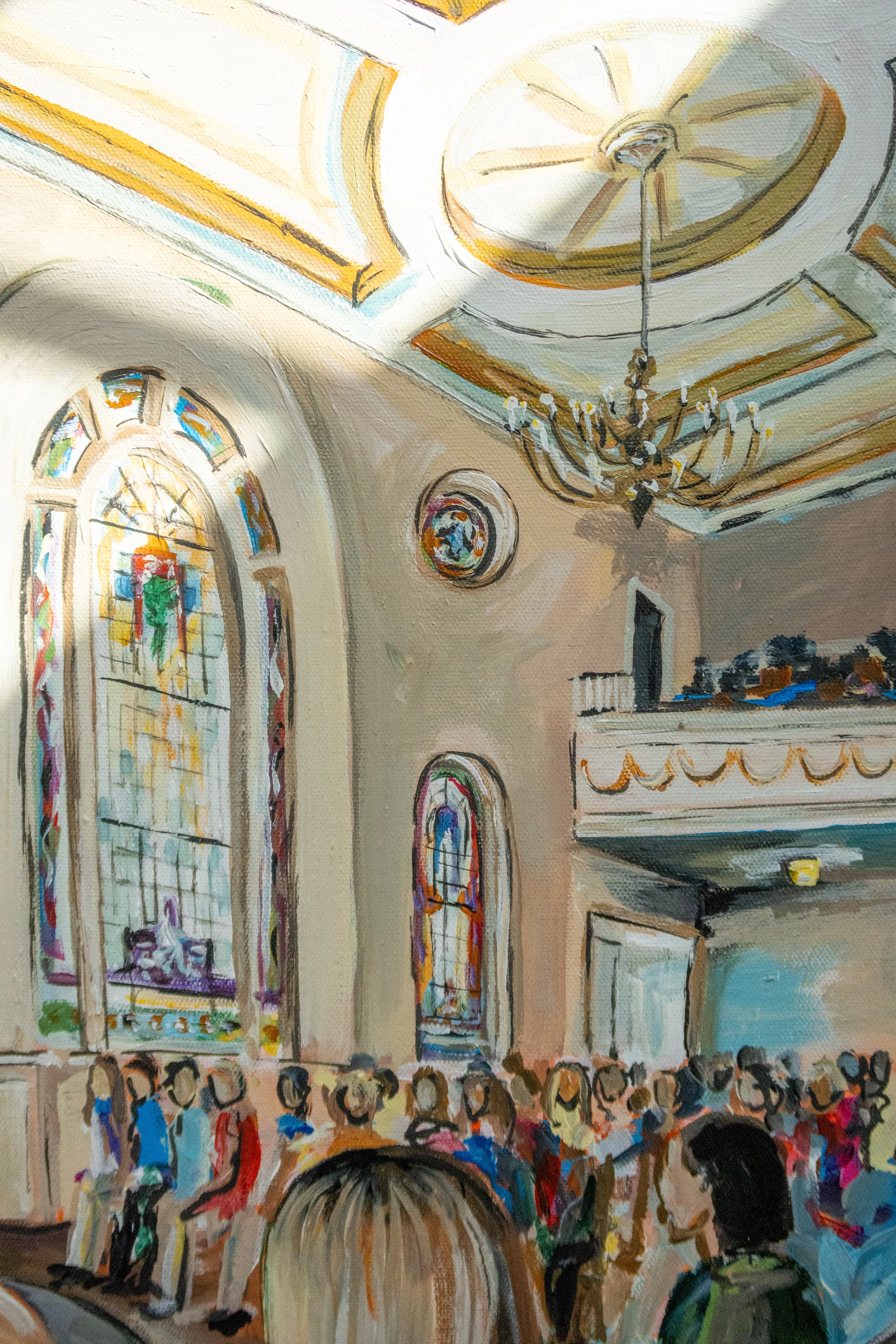 Painting of a church interior with stained glass windows, chandeliers, and a gathering of people.