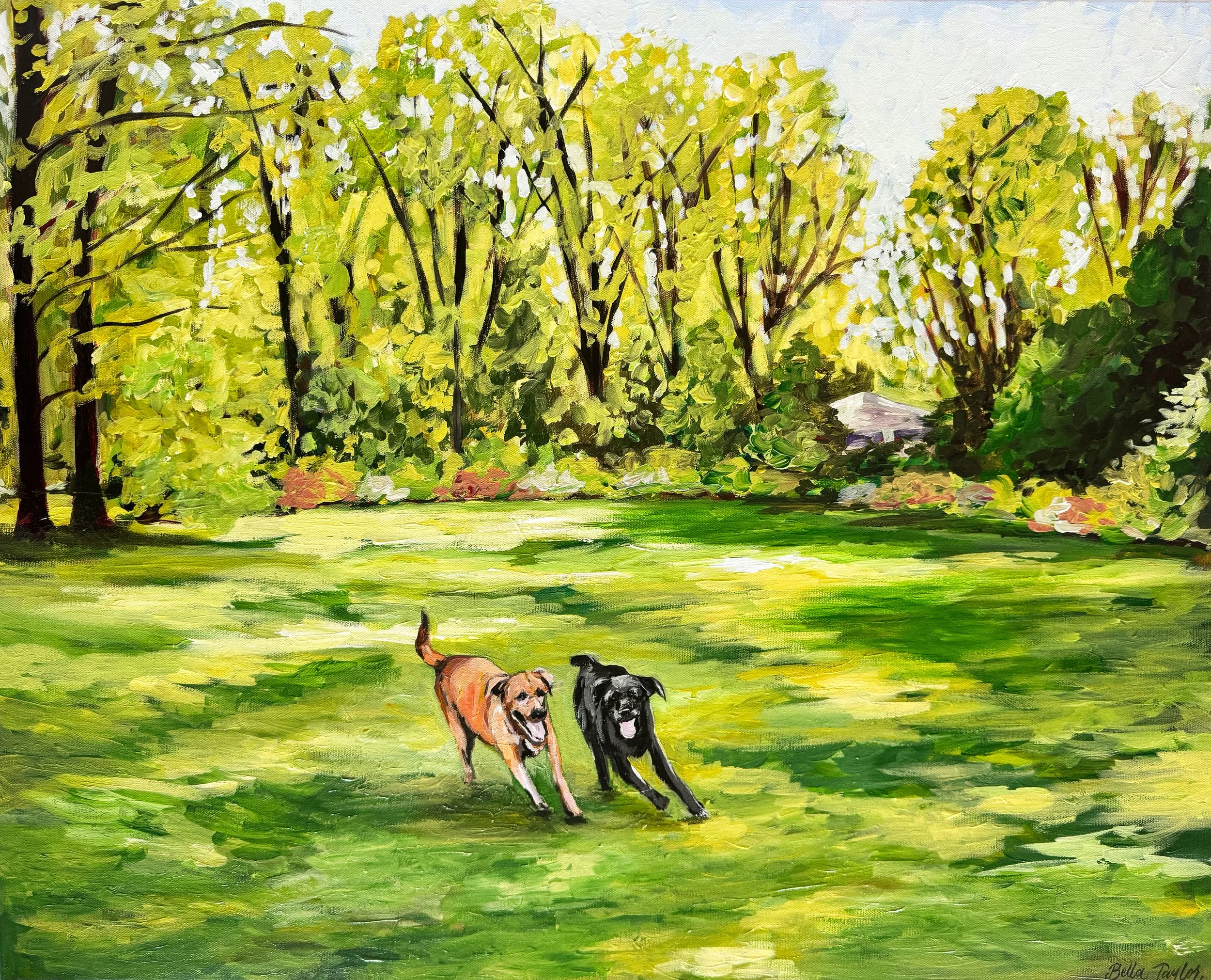 A painting of a park scene with green trees and grass, and two dogs running in the foreground.