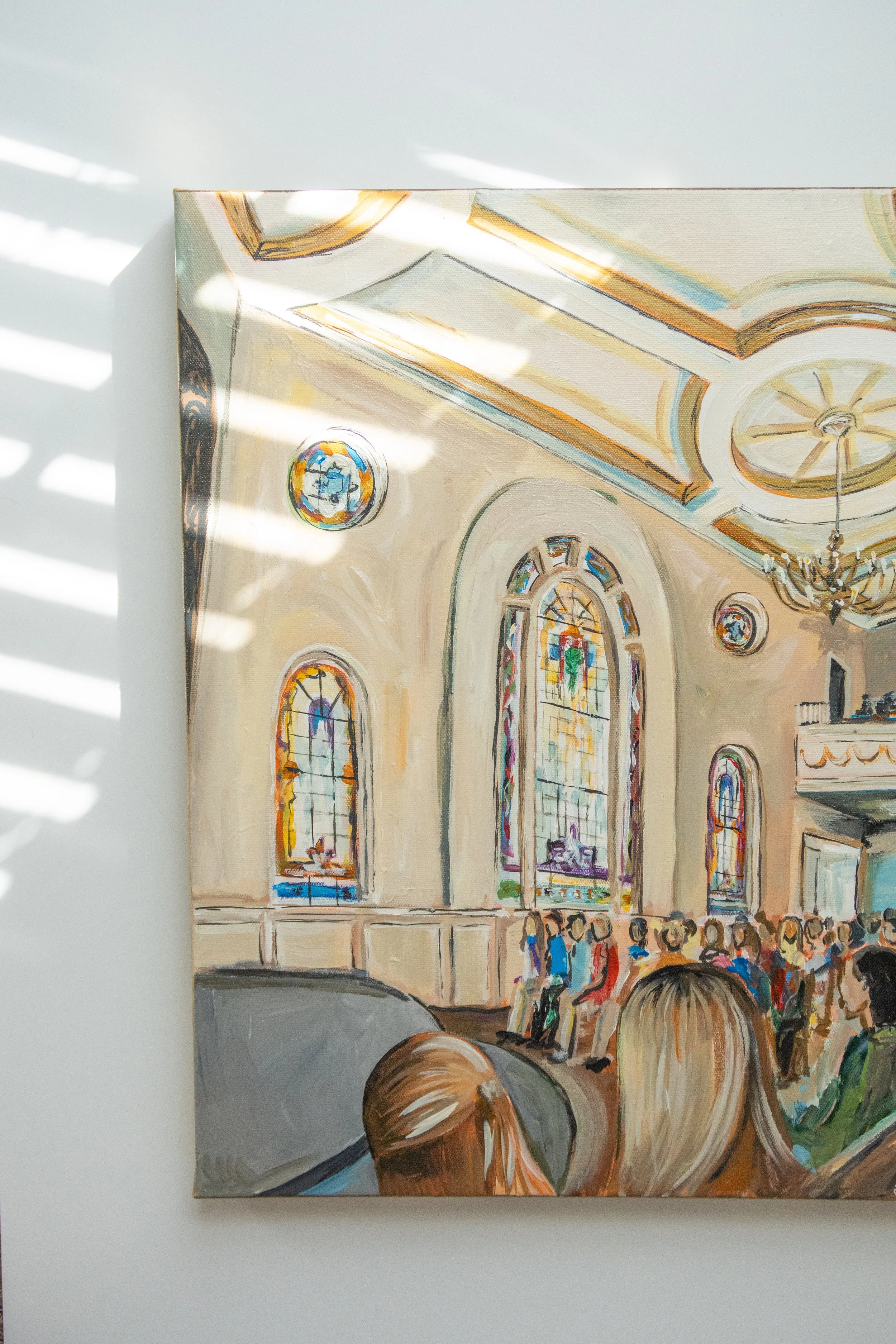 Painting of the interior of a church with tall, arched stained glass windows, hanging chandelier, and a crowd of people gathered in the pews.