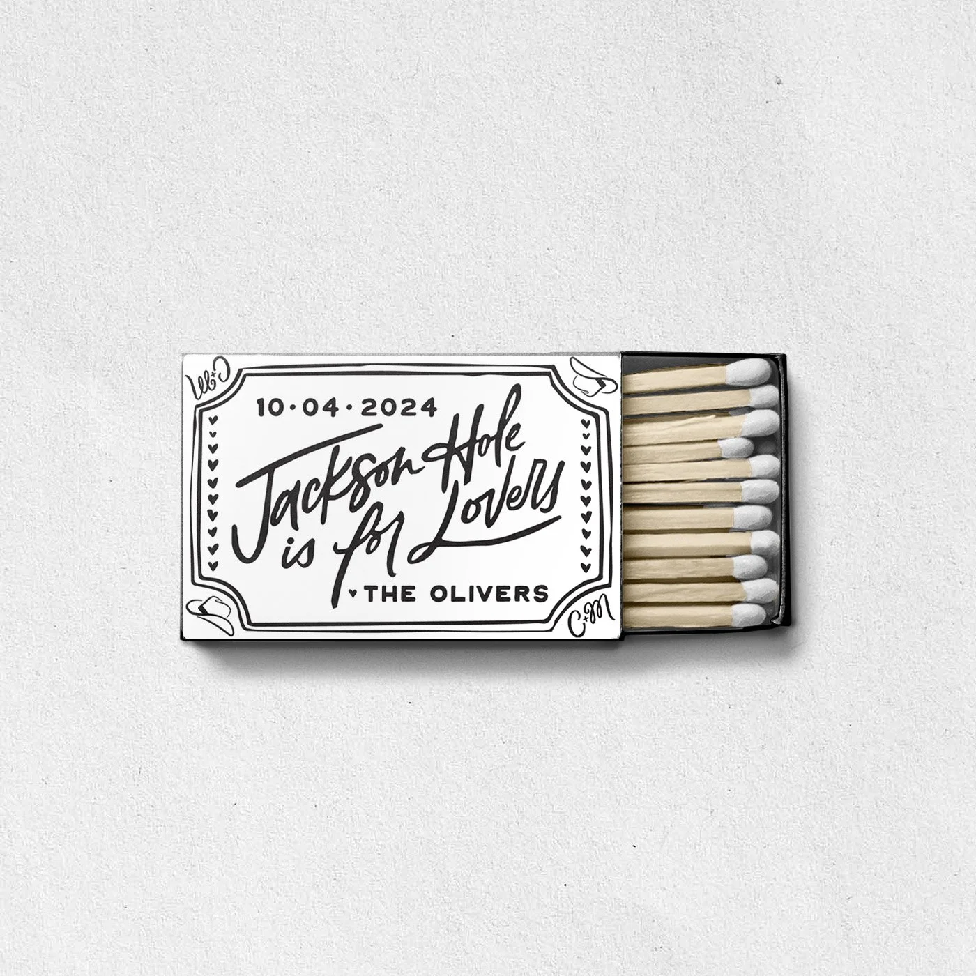 Matchbox with handwritten message and matchsticks inside, on a white surface.