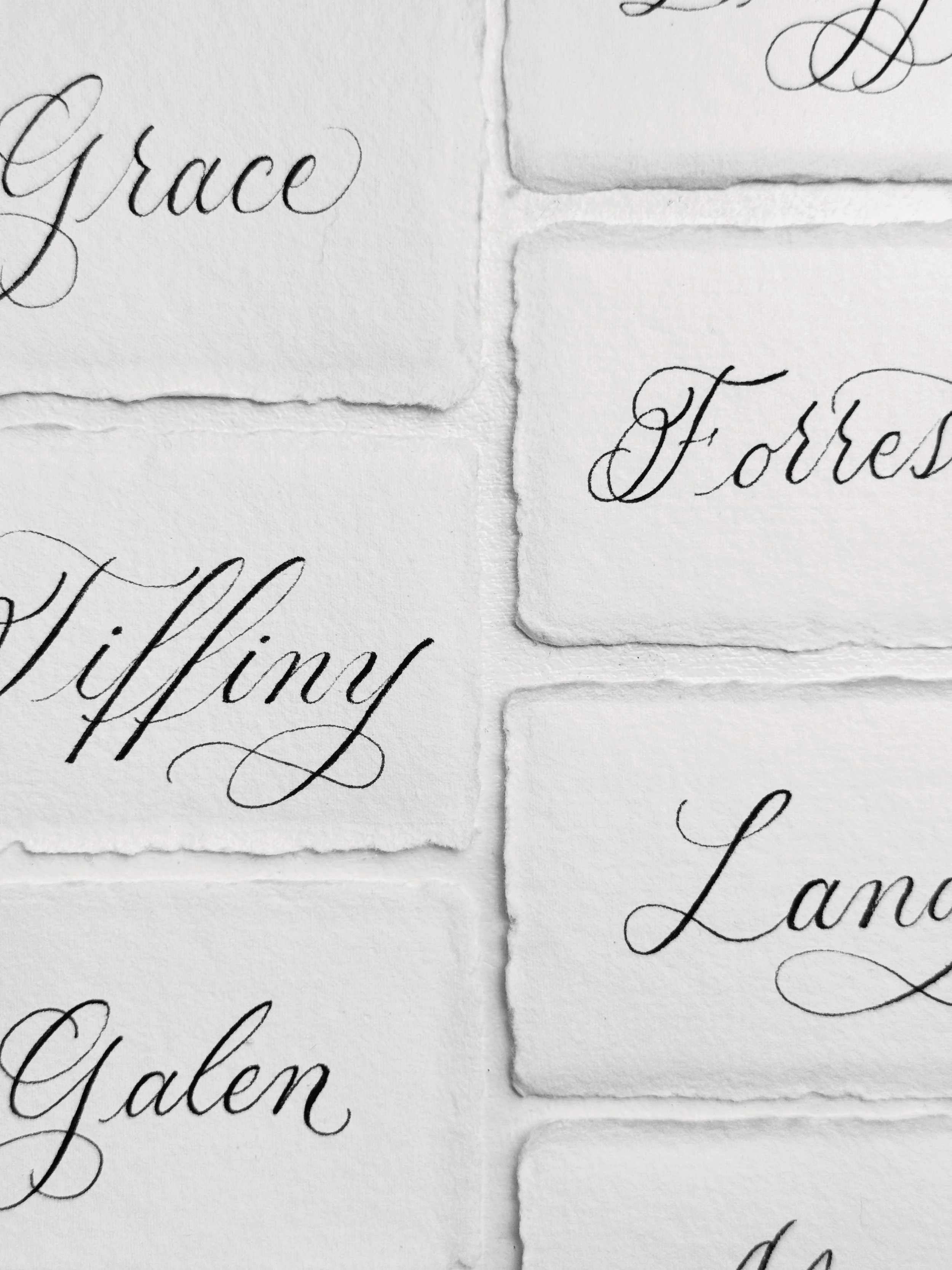 Close-up of handwritten calligraphy place cards on white paper with torn edges.