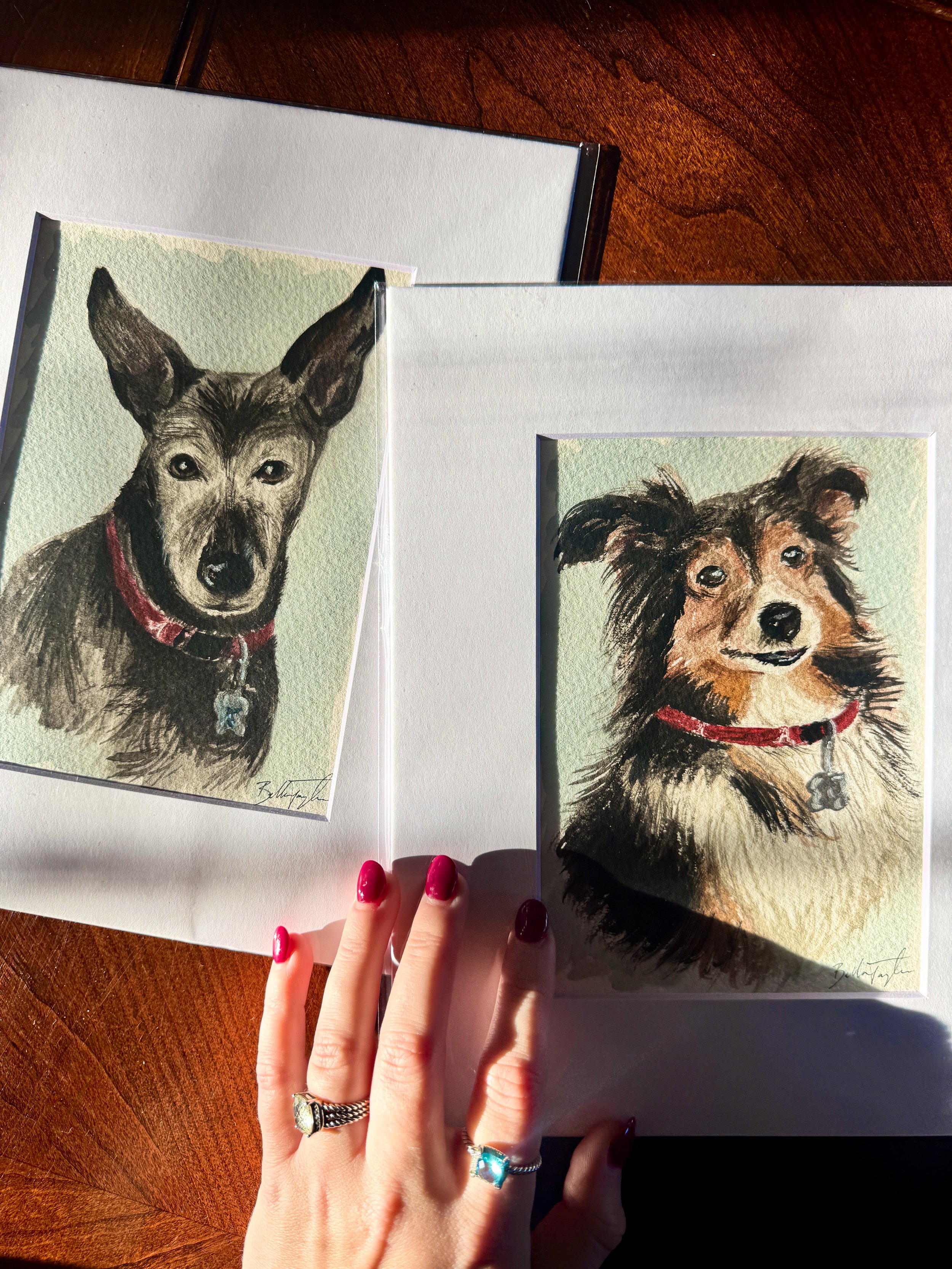Two watercolor paintings of dogs on a wooden table, one showing a Peruvian hairless dog and the other a mixed breed with long ears, both in white mats.