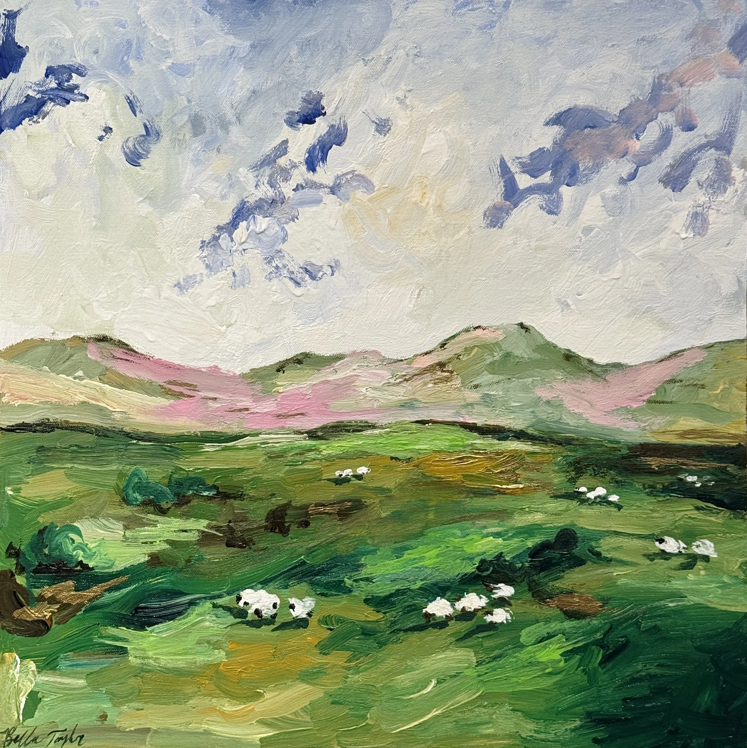 A colorful abstract landscape painting with green fields, pink flowers, a brown hill, a blue sky with fluffy clouds, and small white flowers in the foreground.
