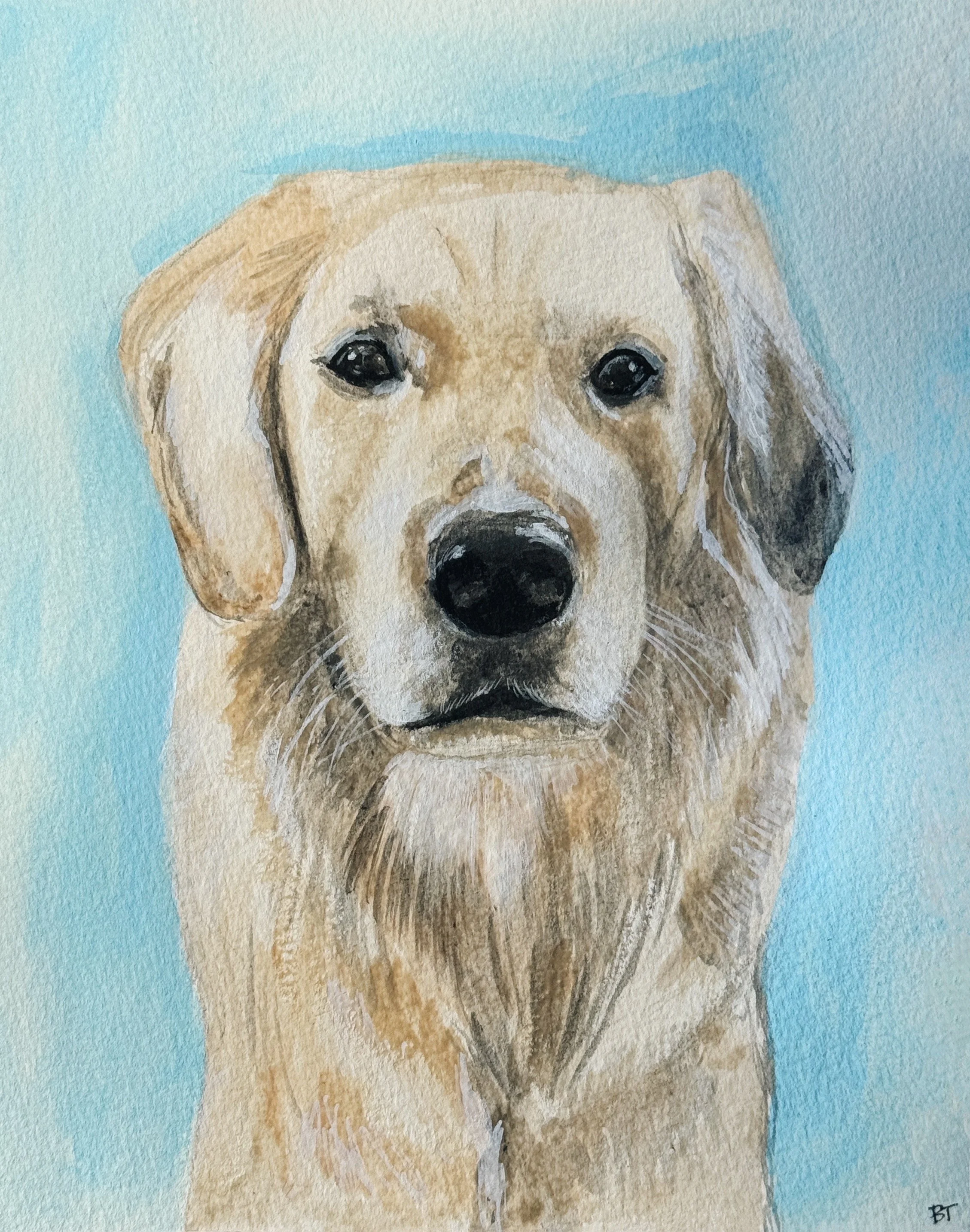 Watercolor painting of a Labrador Retriever dog with light beige fur, dark eyes, and a black nose, against a soft blue background.