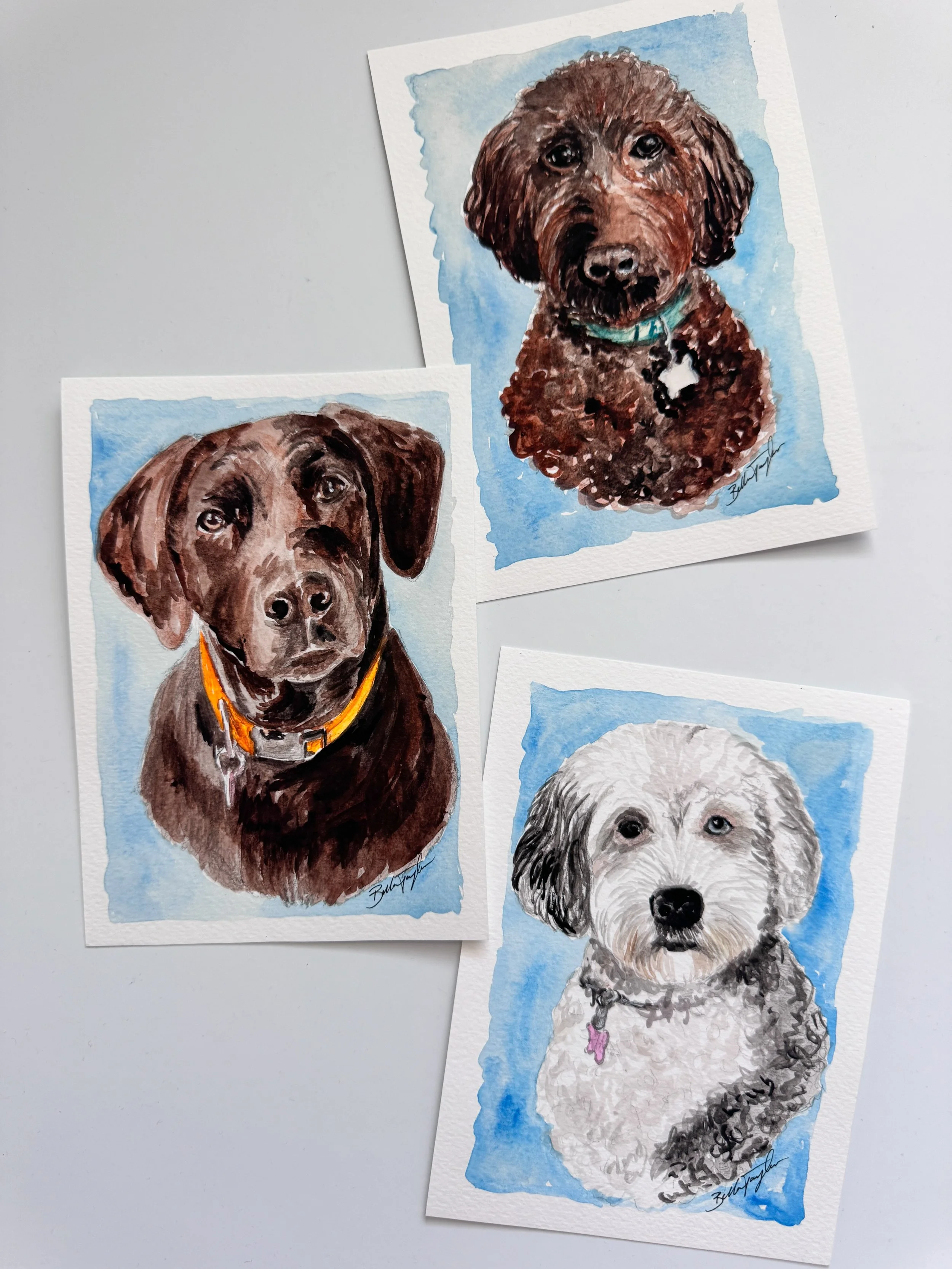 A collection of watercolor portraits of different breeds of dogs on paper with blue backgrounds.