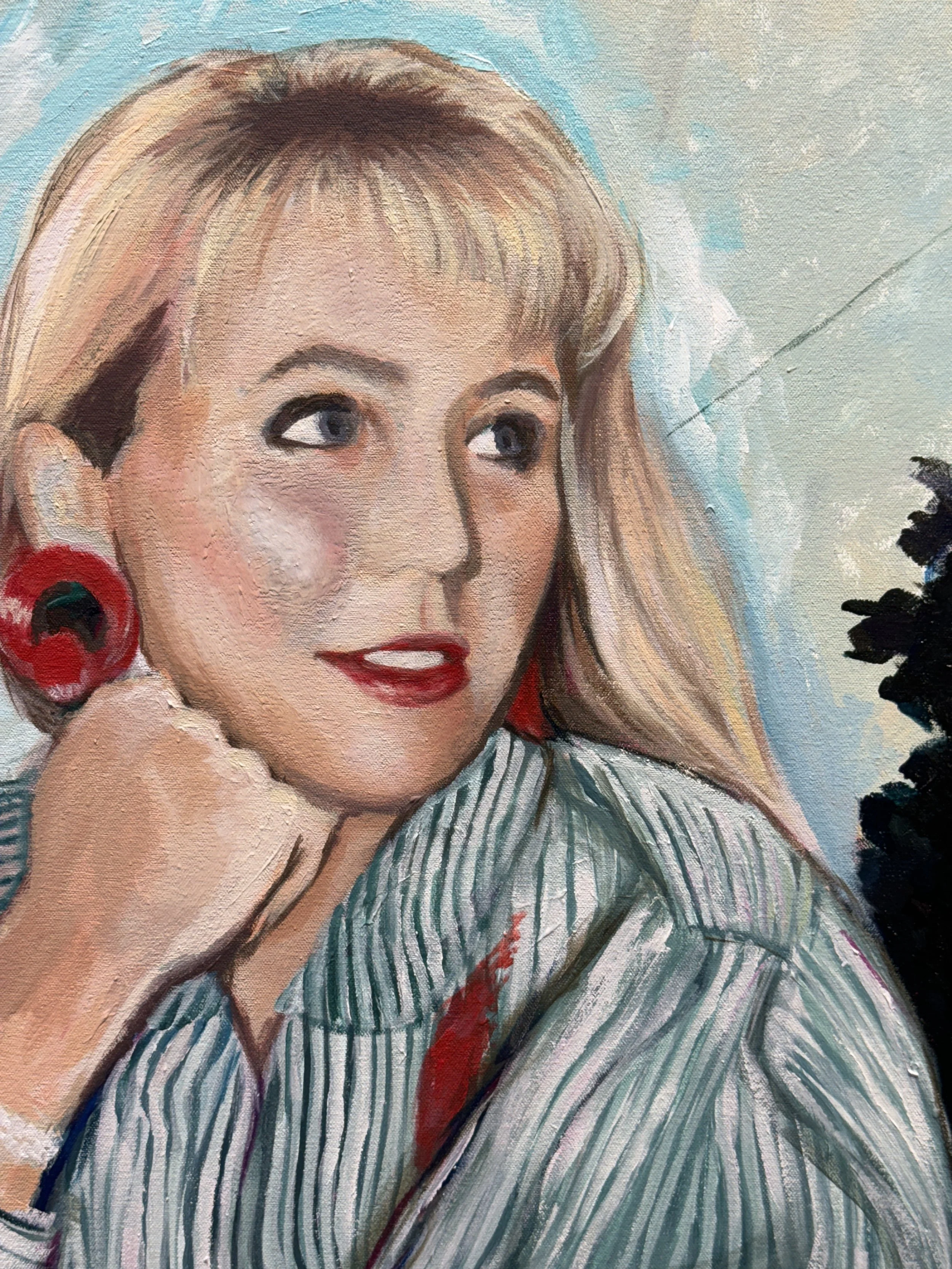A portrait of a woman with blonde hair, red earrings, and a striped shirt, depicted in an impressionistic painting style.