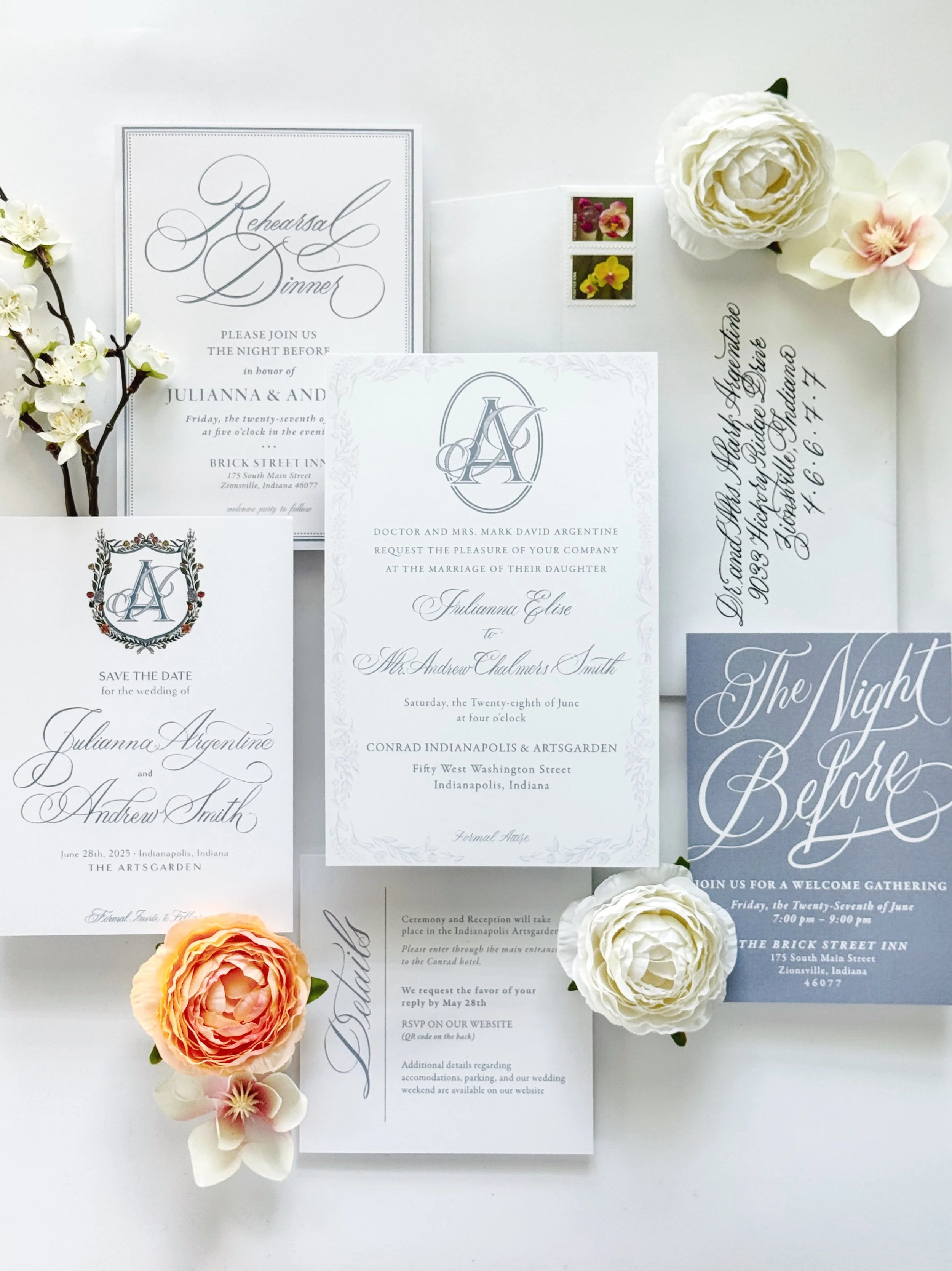 Various wedding invitation cards with floral decorations including white and peach-colored roses and small flowers. The invitations contain elegant cursive and serif fonts with information about a wedding rehearsal dinner, ceremony, and reception.