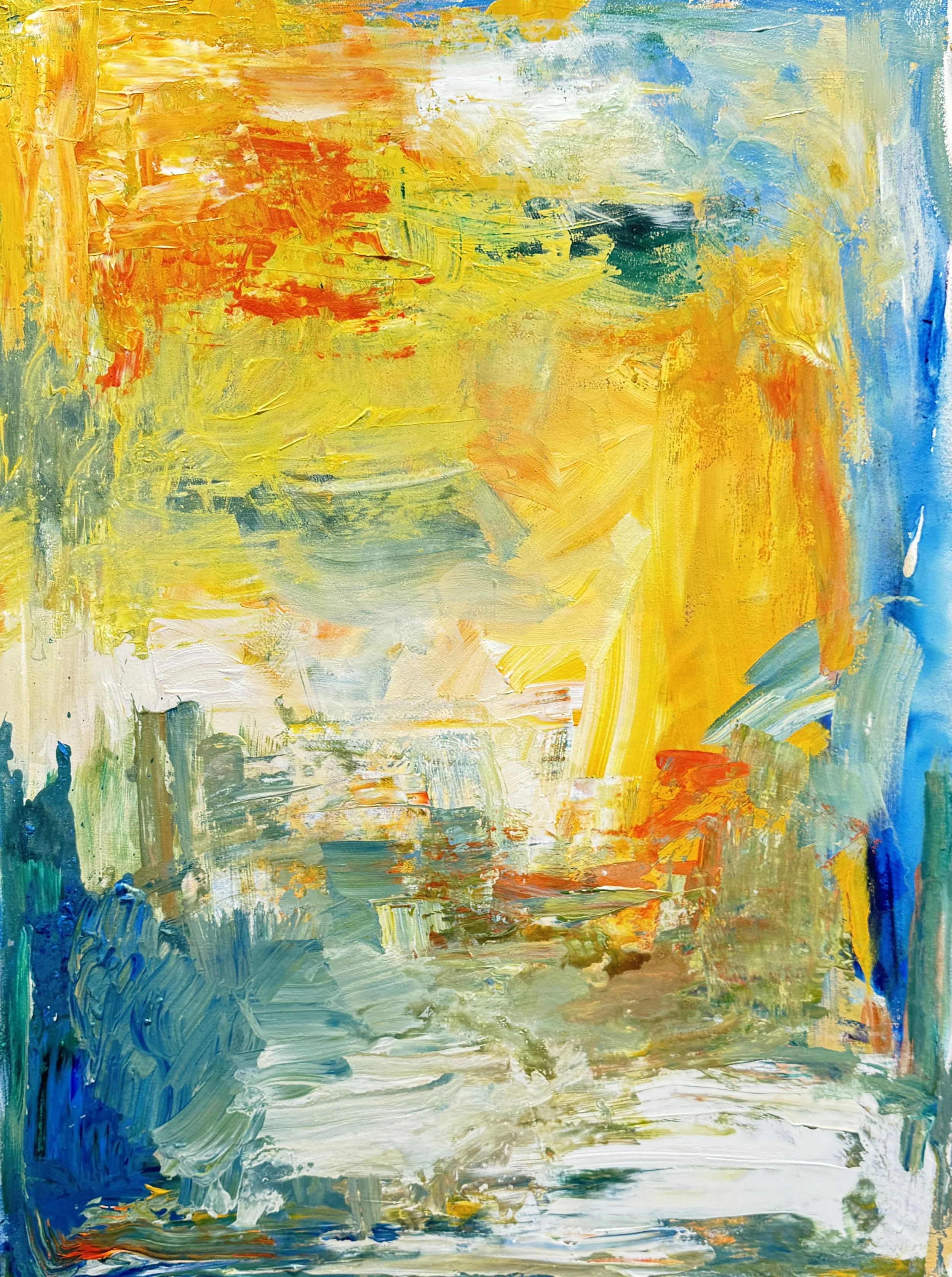 Abstract expressionist painting with vibrant colors including yellow, orange, blue, green, and white, with bold brushstrokes and layered textures.