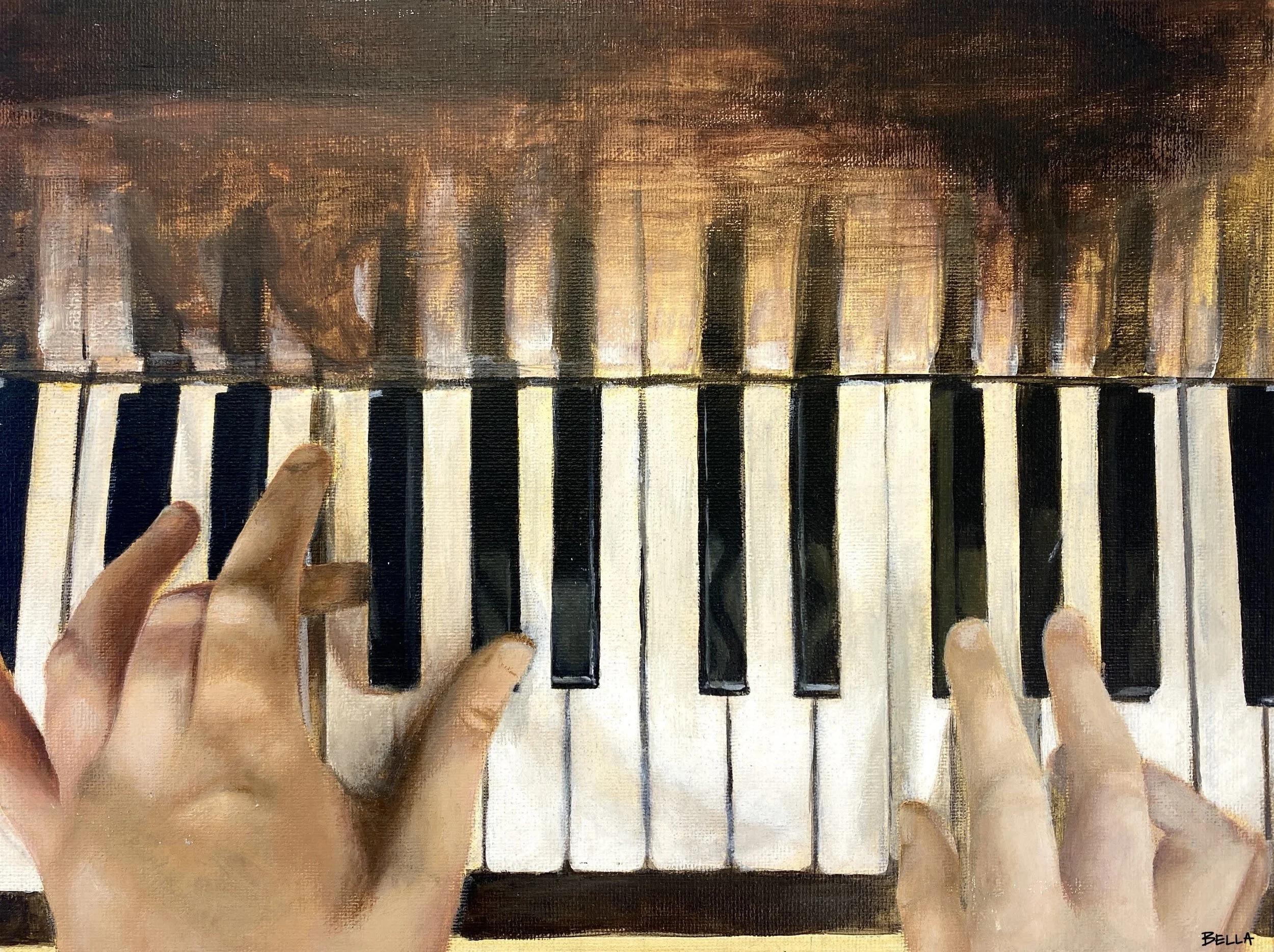 Close-up of a painted artwork depicting a person's hand with fingers on the piano keys, the artwork features a warm color palette and textured brushstrokes, signed 'BELLA' in the bottom right corner.