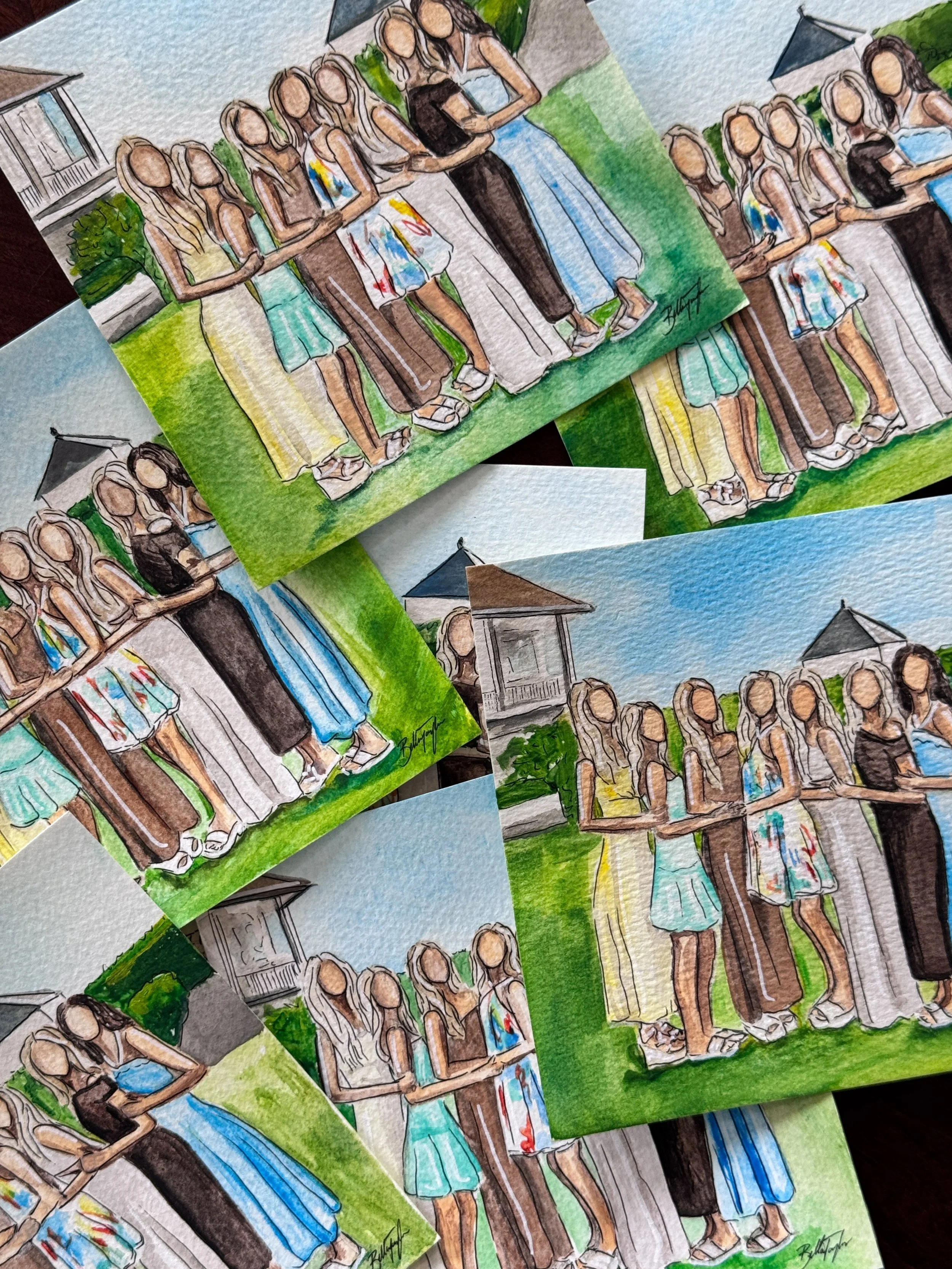A group of women are gathering outside under umbrellas, some holding drinks, on a grassy lawn in front of a house with porch and trees, painted in a watercolor style.