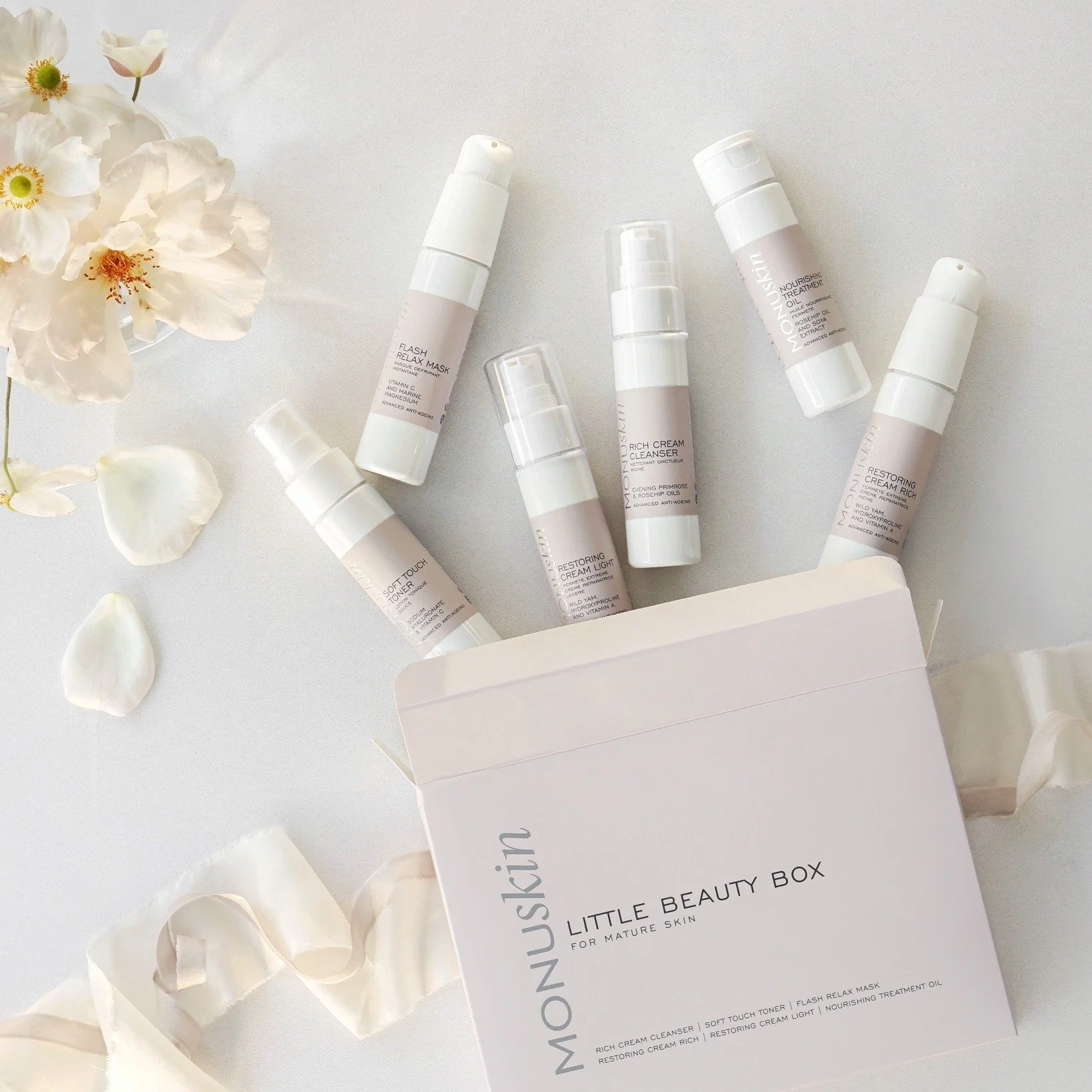 Your pocket spa, reimagined. The Little Beauty Box delivers a complete MONUSKIN facial in miniature &mdash; cleanse, tone, mask, nourish, and glow. With Rosehip, Evening Primrose, Ginseng and Vitamin C, it restores softness, hydration and balance in 