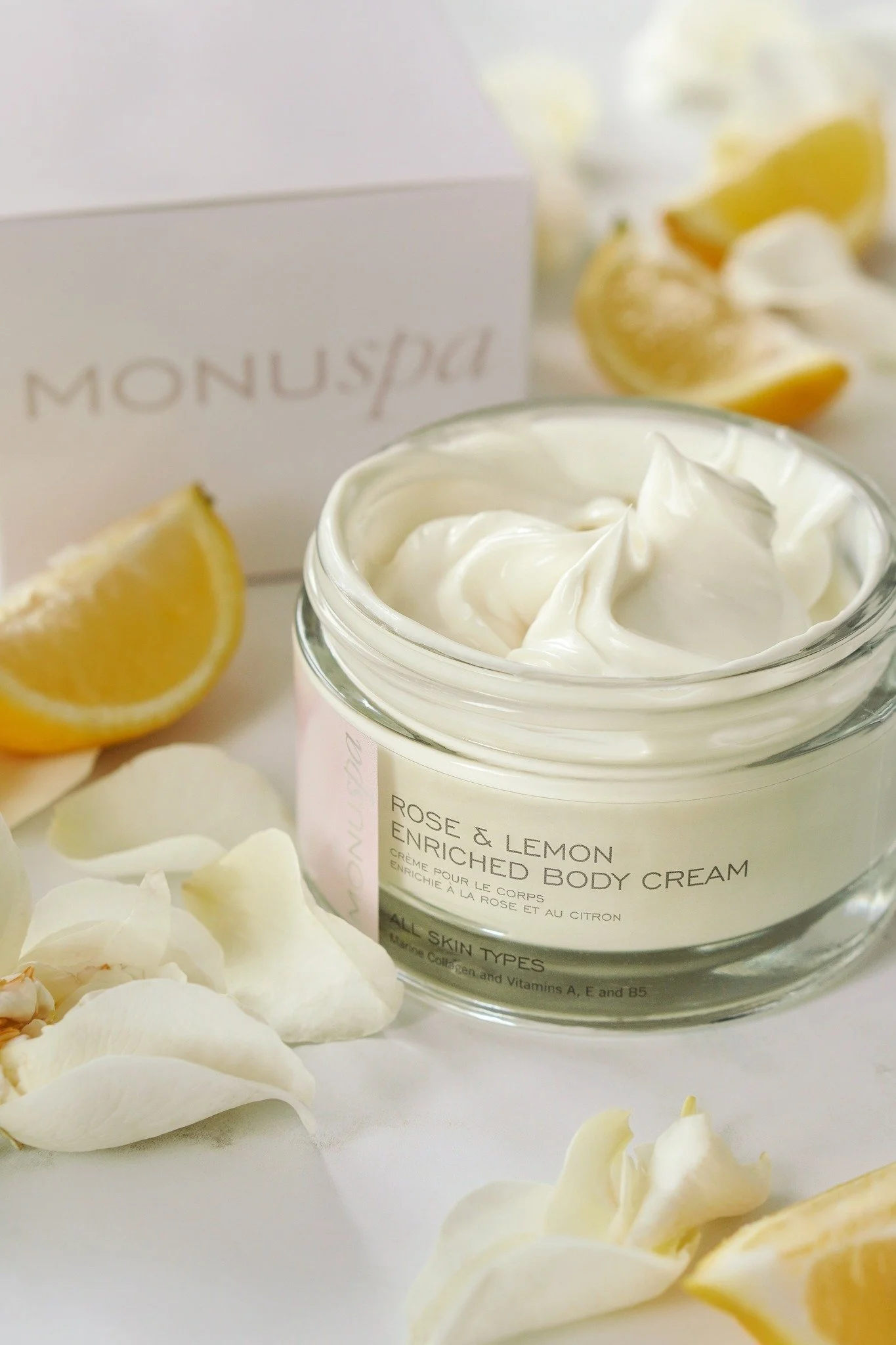 Rose &amp; Lemon Enriched Body Cream is luxuriously rich, deeply nourishing and beautifully uplifting.

Orange, Lemon, Geranium and Rose essential oils awaken the senses, while Marine Collagen helps smooth and firm. Cocoa Butter, Chamomile and Liquor