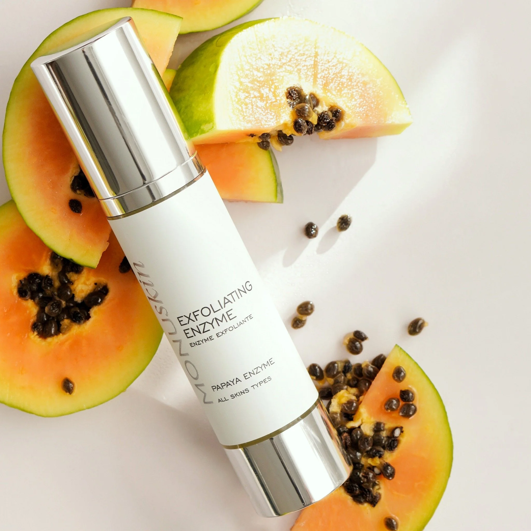 Radiance begins with renewal....

Our Exfoliating Enzyme is one of the most requested steps in a MONUSKIN facial. Papaya enzymes work gently alongside natural exfoliating particles to lift away dull surface cells while Shea Butter comforts and protec