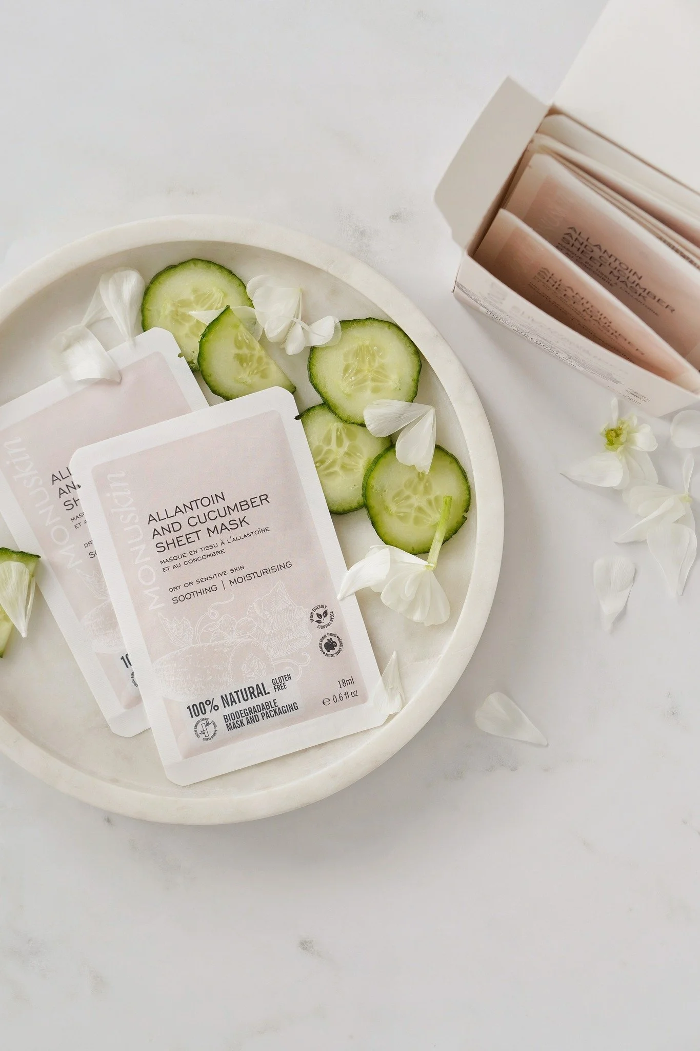 Our Allantoin &amp; Cucumber Sheet Mask is designed to cocoon the skin in soothing hydration. Made from soft bamboo fibre with a 100% plant-origin formula, the semi-gel mask sits gently against the face like a second skin, helping the skin absorb eve