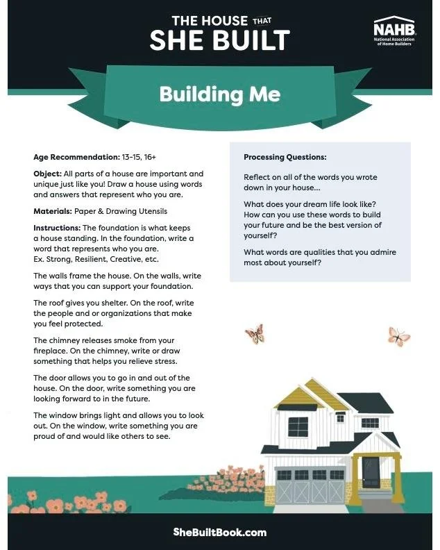 As we wrap up Professional Women in Building Week, try our free activity, Building Me! 🏡✨

Age Recommendation: 13&ndash;15, 16+
Object: All parts of a house are important and unique, just like you! Draw a house using words and answers that represent